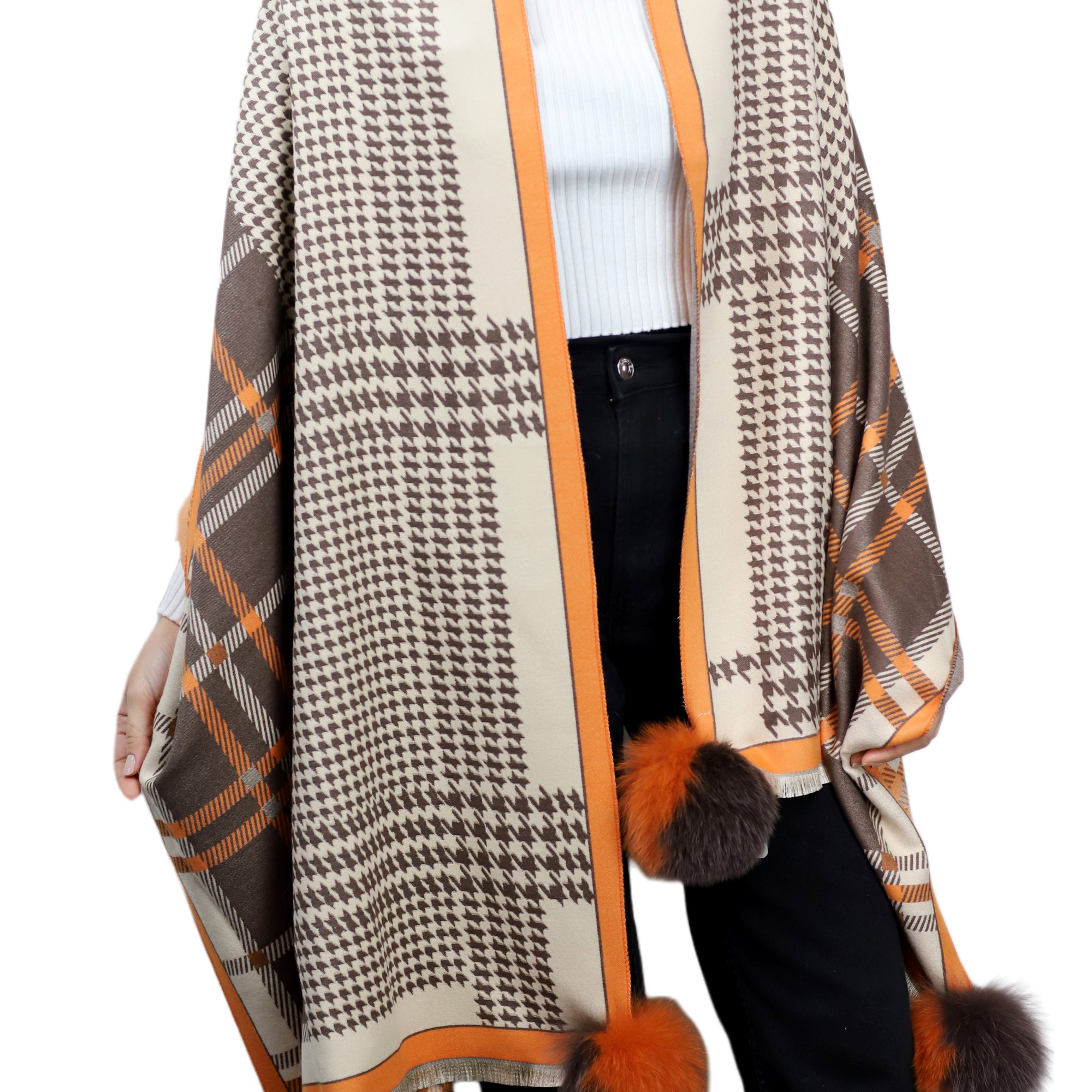 Plaid/Houndstooth Print Wrap with Fox Poms - Brown & Orange - Fur Wrap - La Fiorentina TINA59-2303-BROWNORANGE