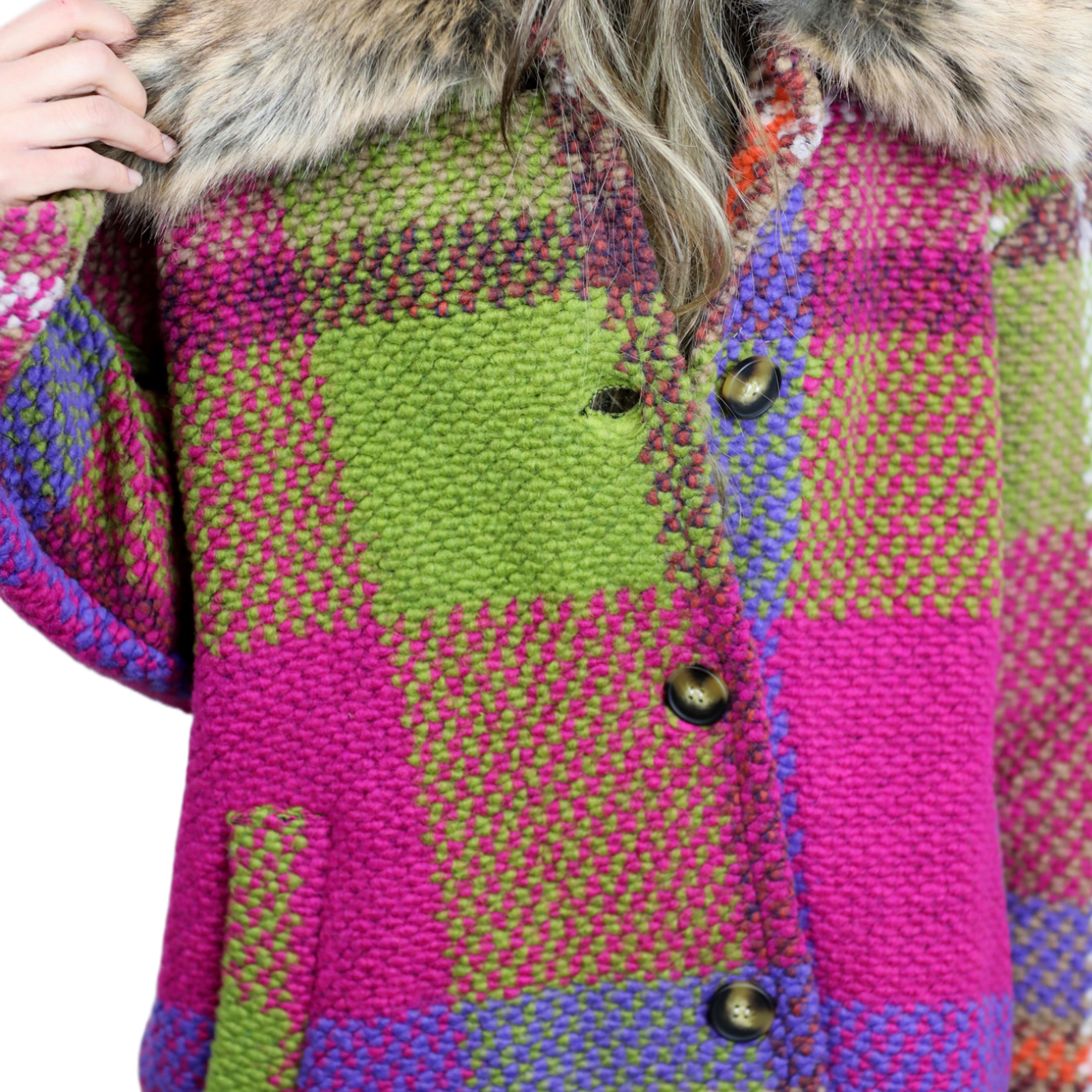 La Fiorentina Mid Length Plaid Wool Coat w/ Faux Fur Trim- Fuchsia/Camel - Faux Fur Jacket - La Fiorentina FL1826-FUCHCAM-ML