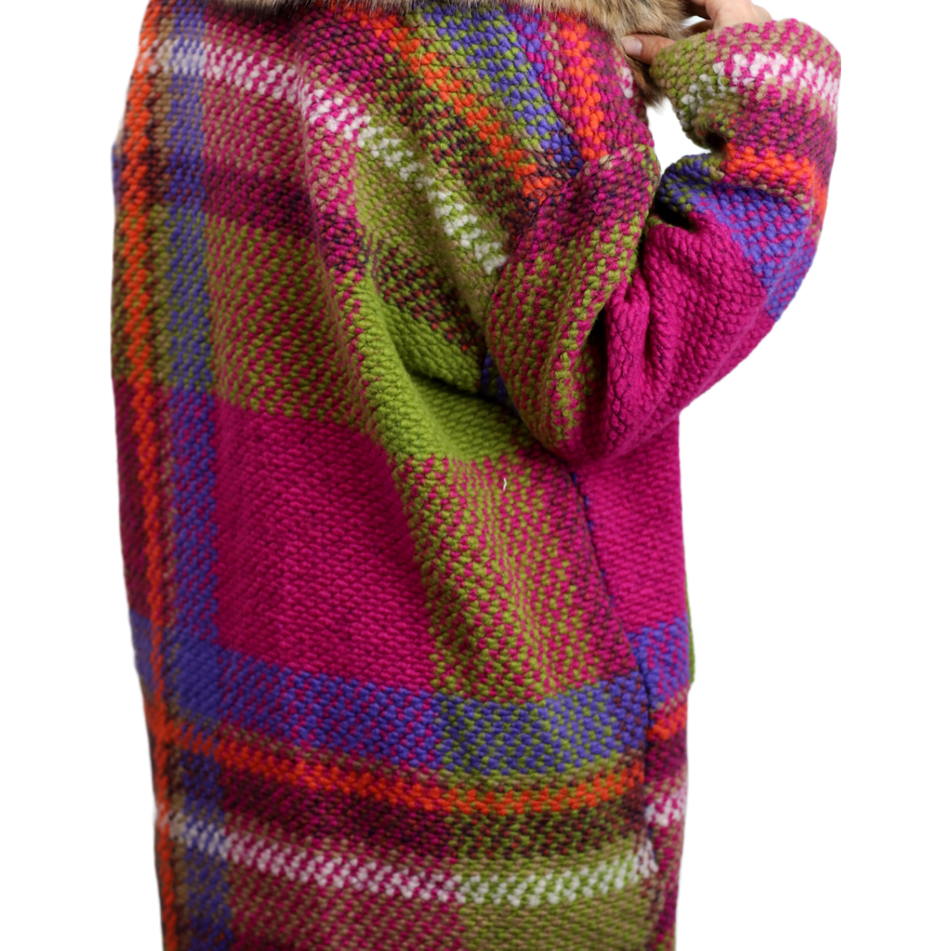 La Fiorentina Mid Length Plaid Wool Coat w/ Faux Fur Trim- Fuchsia/Camel - Faux Fur Jacket - La Fiorentina FL1826-FUCHCAM-ML