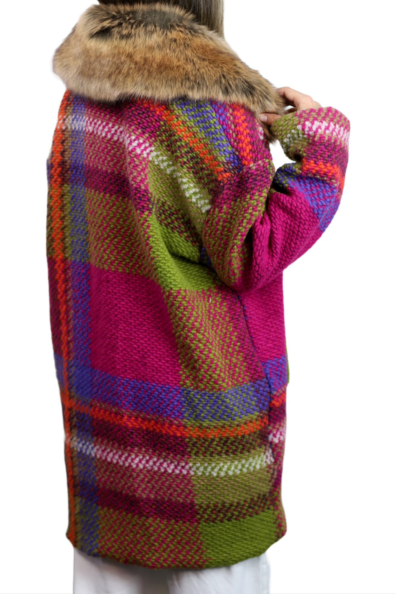 La Fiorentina Mid Length Plaid Wool Coat w/ Faux Fur Trim- Fuchsia/Camel - Faux Fur Jacket - La Fiorentina FL1826-FUCHCAM-ML