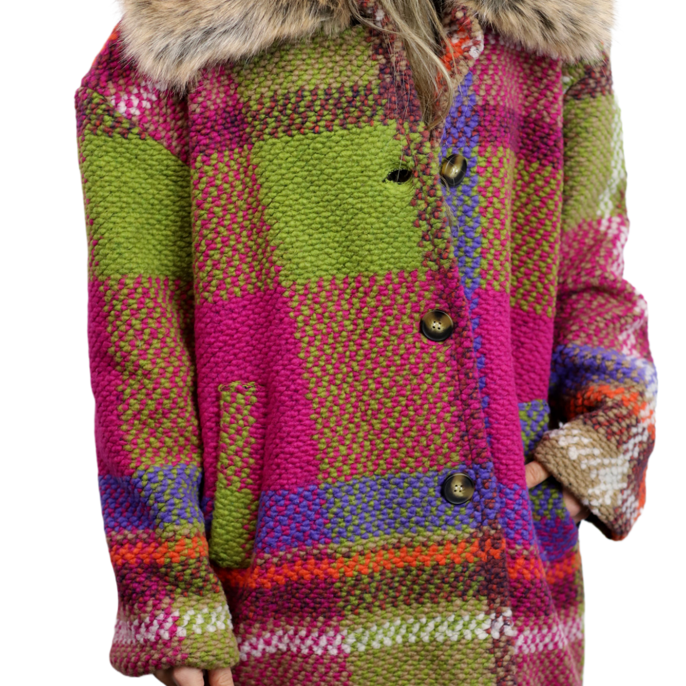 La Fiorentina Mid Length Plaid Wool Coat w/ Faux Fur Trim- Fuchsia/Camel - Faux Fur Jacket - La Fiorentina FL1826-FUCHCAM-ML