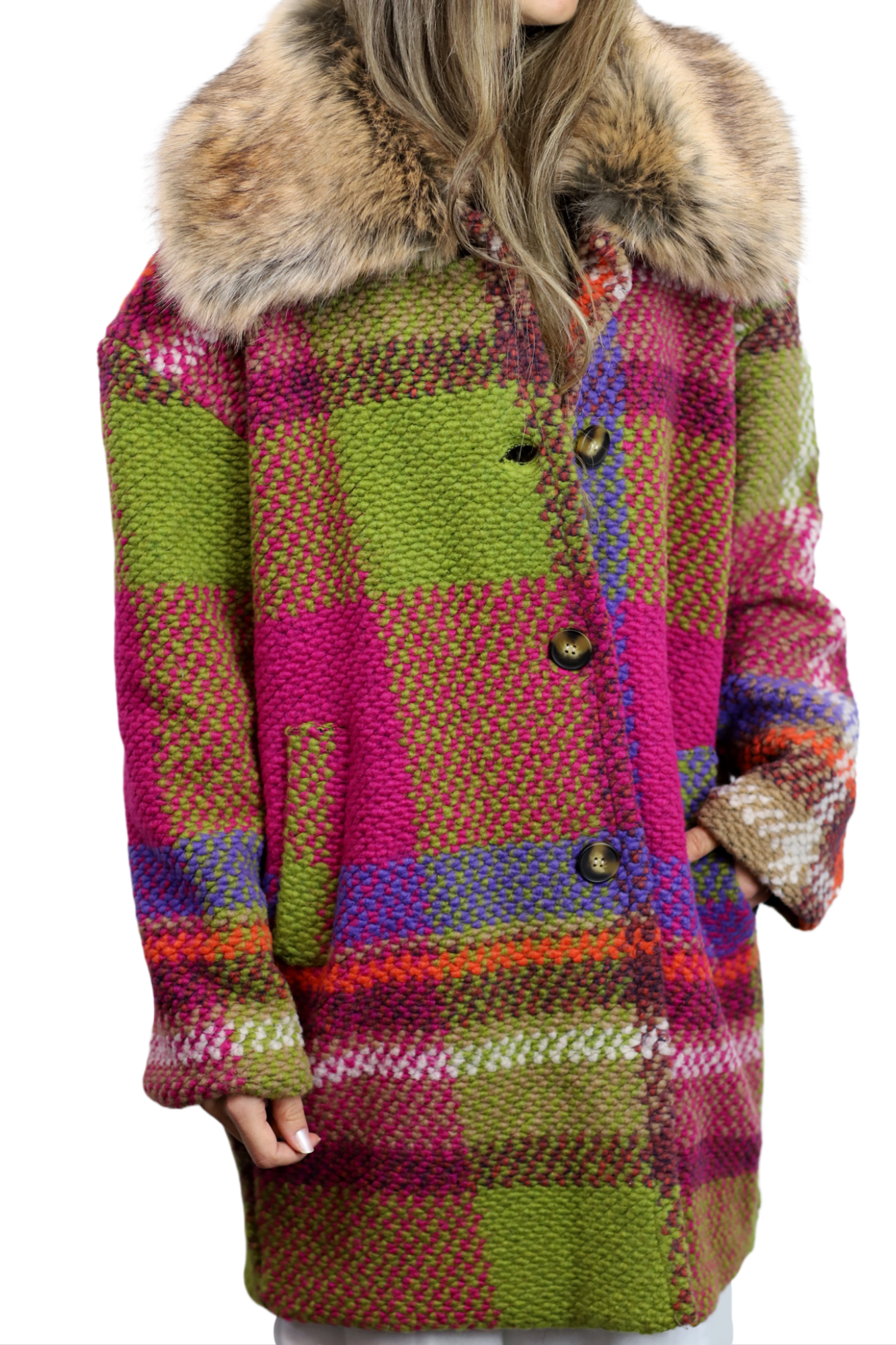 La Fiorentina Mid Length Plaid Wool Coat w/ Faux Fur Trim- Fuchsia/Camel - Faux Fur Jacket - La Fiorentina FL1826-FUCHCAM-ML