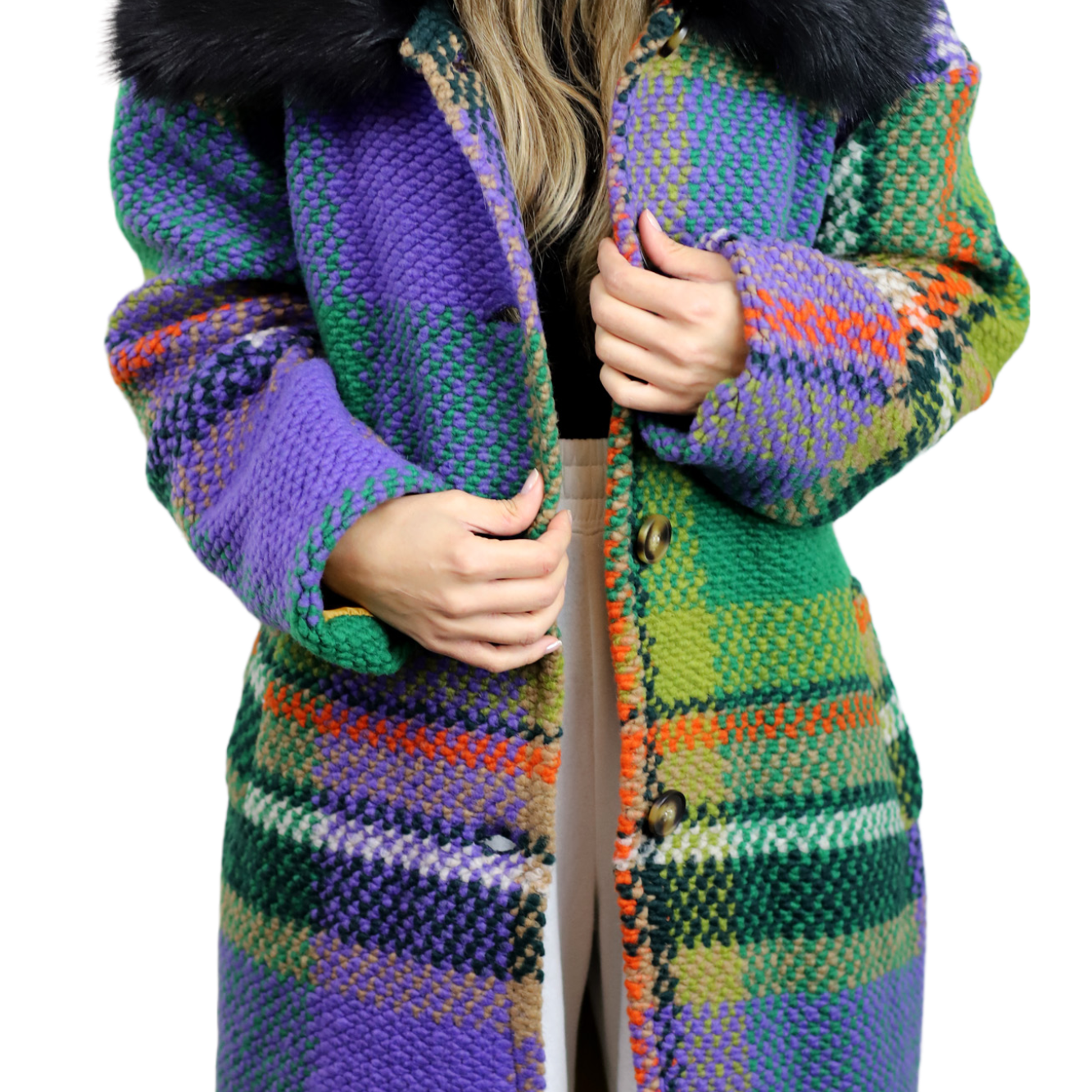 La Fiorentina Mid Length Plaid Wool Coat w/ Faux Fur Trim- Green/Black - Faux Fur Jacket - La Fiorentina FL1826-GRNBLK-SM