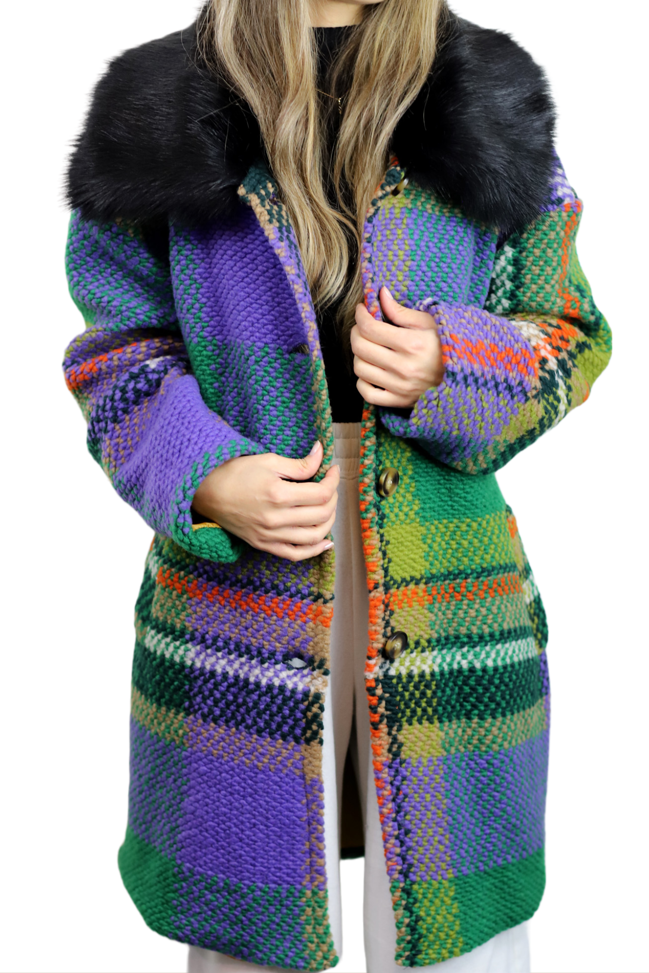 La Fiorentina Mid Length Plaid Wool Coat w/ Faux Fur Trim- Green/Black - Faux Fur Jacket - La Fiorentina FL1826-GRNBLK-SM