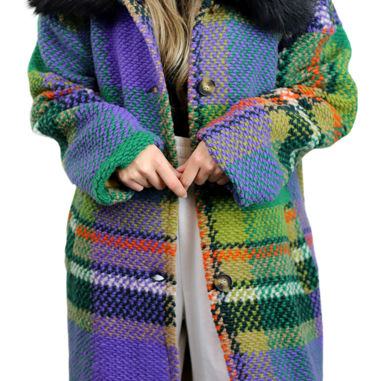 La Fiorentina Mid Length Plaid Wool Coat w/ Faux Fur Trim- Green/Black - Faux Fur Jacket - La Fiorentina FL1826-GRNBLK-SM