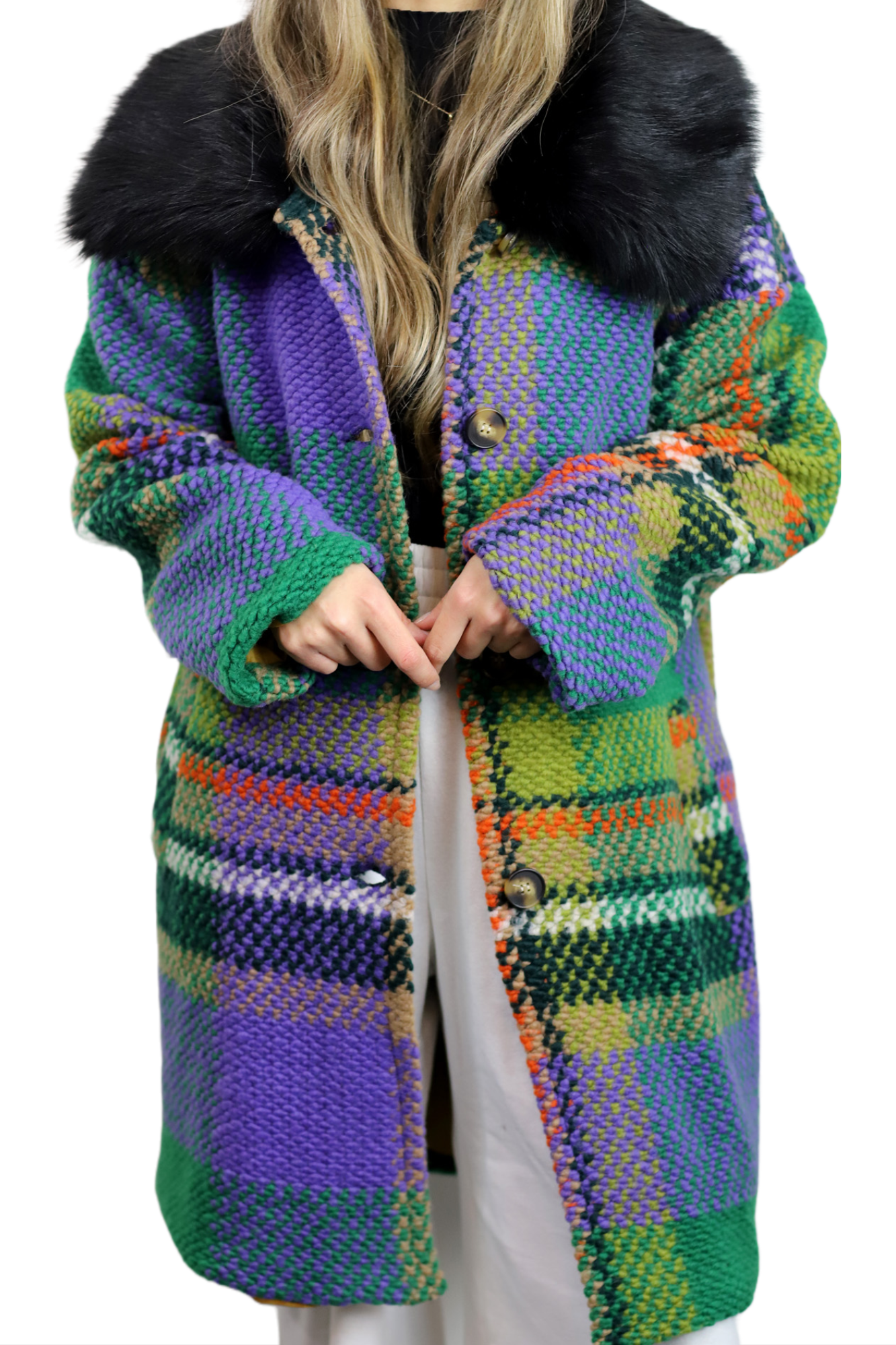 La Fiorentina Mid Length Plaid Wool Coat w/ Faux Fur Trim- Green/Black - Faux Fur Jacket - La Fiorentina FL1826-GRNBLK-SM
