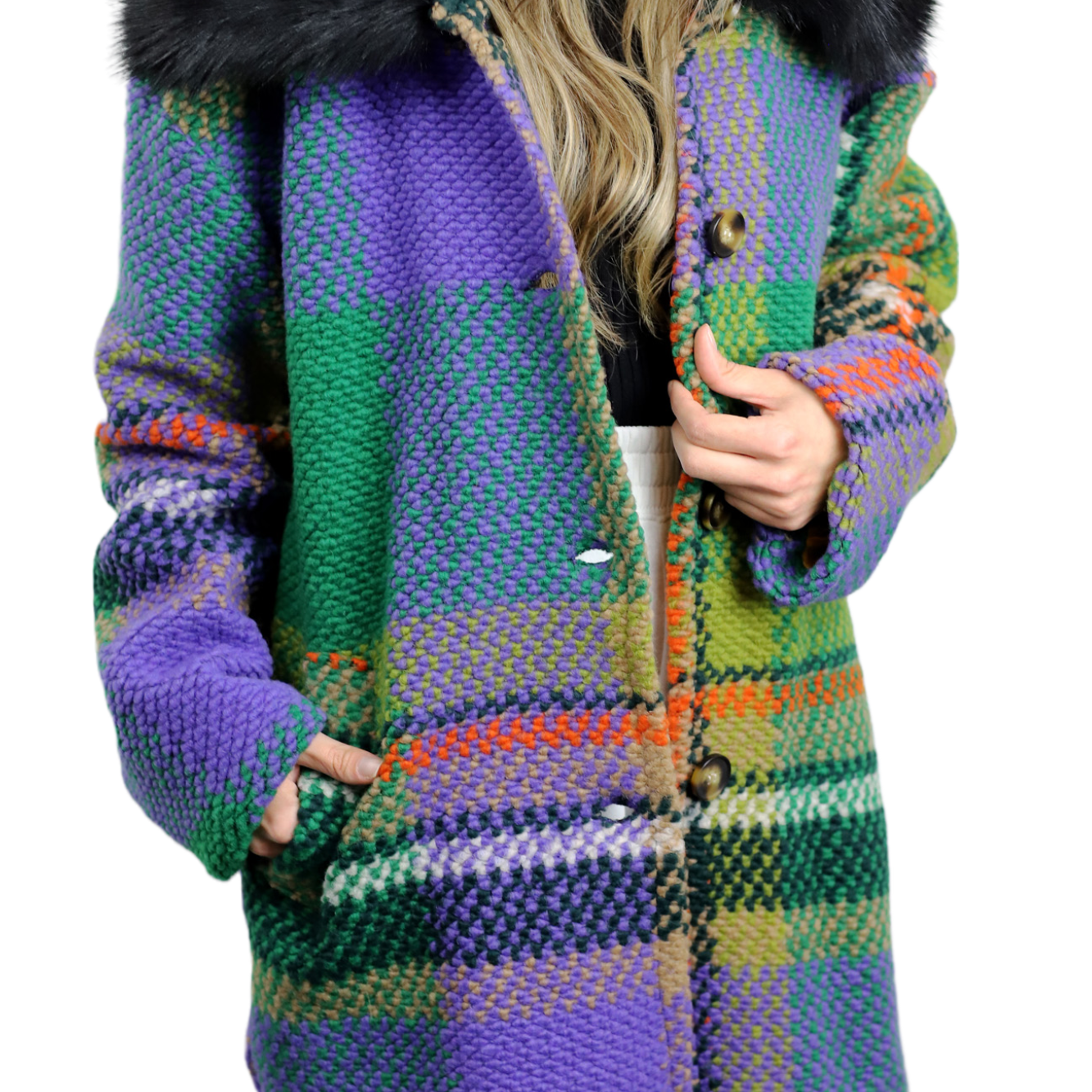 La Fiorentina Mid Length Plaid Wool Coat w/ Faux Fur Trim- Green/Black - Faux Fur Jacket - La Fiorentina FL1826-GRNBLK-SM