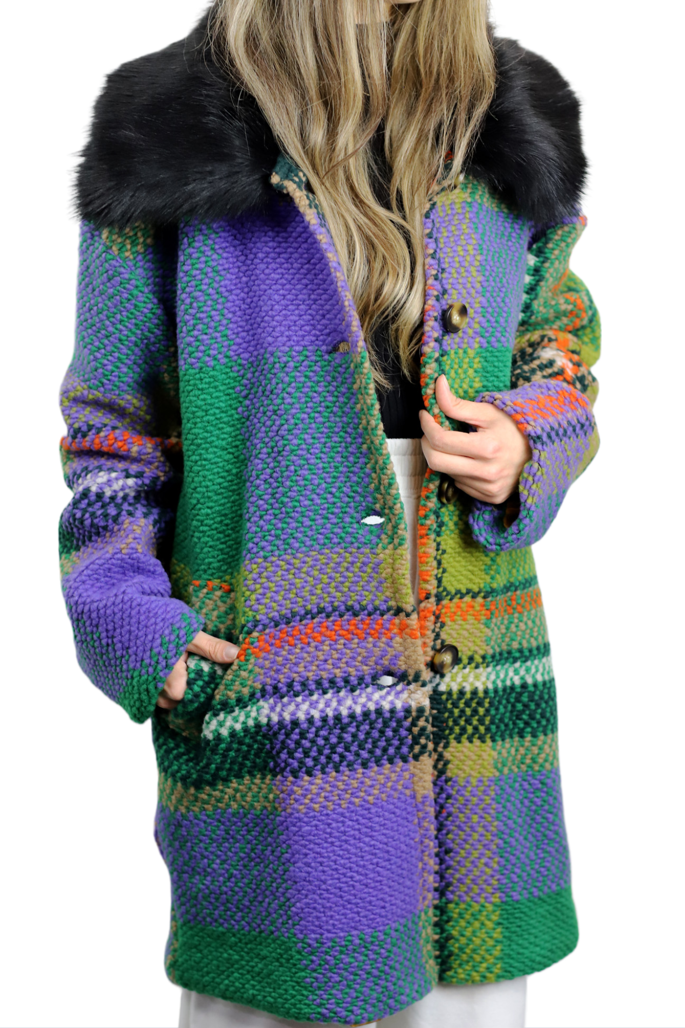 La Fiorentina Mid Length Plaid Wool Coat w/ Faux Fur Trim- Green/Black - Faux Fur Jacket - La Fiorentina FL1826-GRNBLK-SM