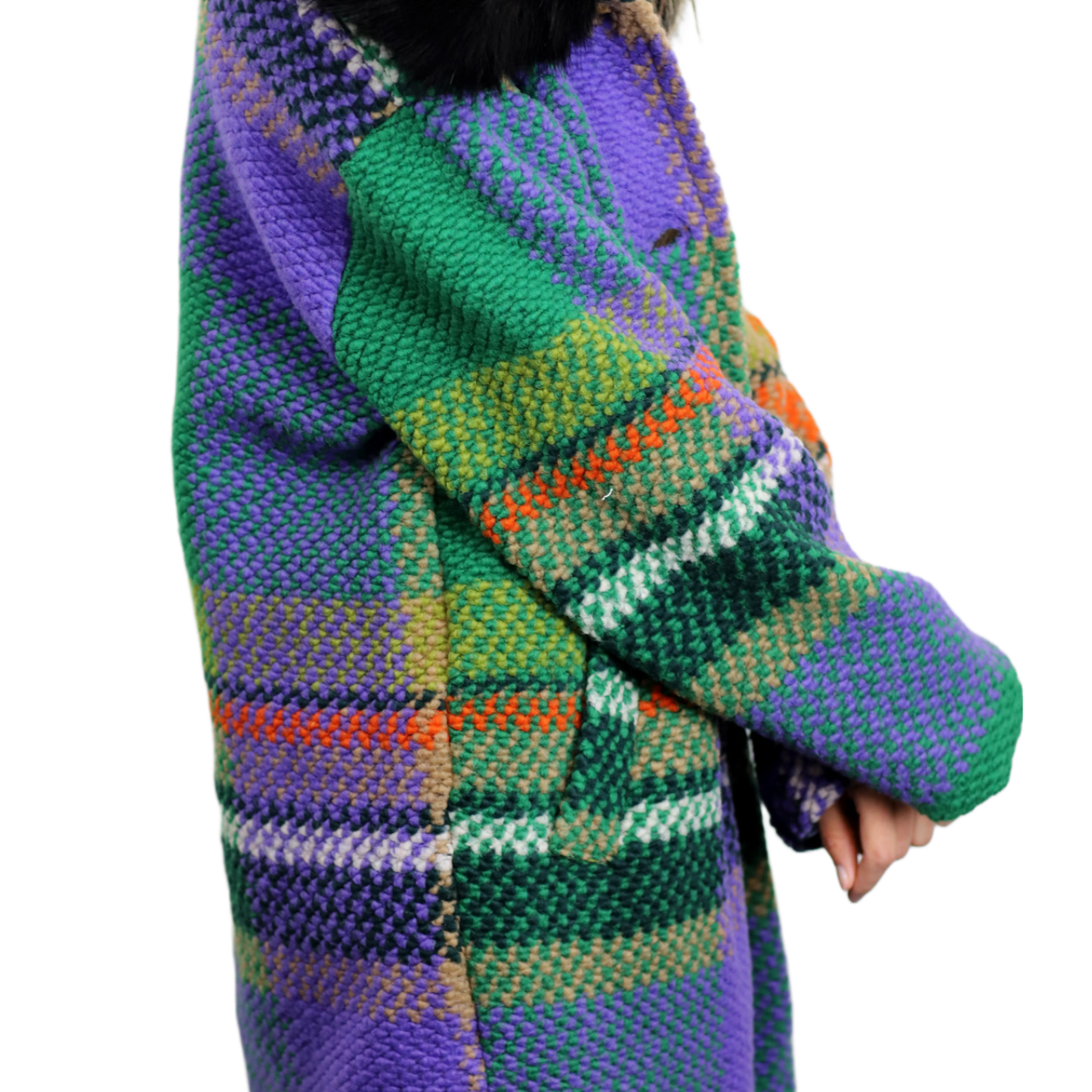 La Fiorentina Mid Length Plaid Wool Coat w/ Faux Fur Trim- Green/Black - Faux Fur Jacket - La Fiorentina FL1826-GRNBLK-SM