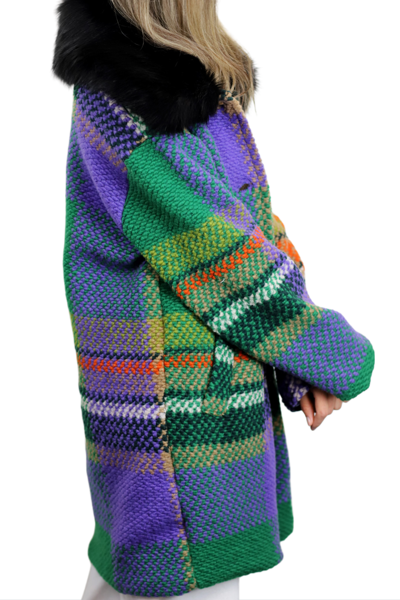 La Fiorentina Mid Length Plaid Wool Coat w/ Faux Fur Trim- Green/Black - Faux Fur Jacket - La Fiorentina FL1826-GRNBLK-SM