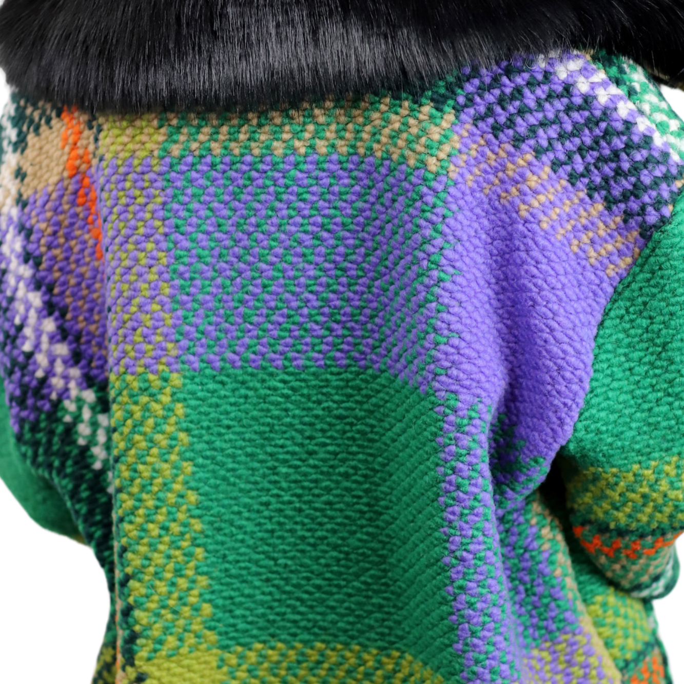 La Fiorentina Mid Length Plaid Wool Coat w/ Faux Fur Trim- Green/Black - Faux Fur Jacket - La Fiorentina FL1826-GRNBLK-SM