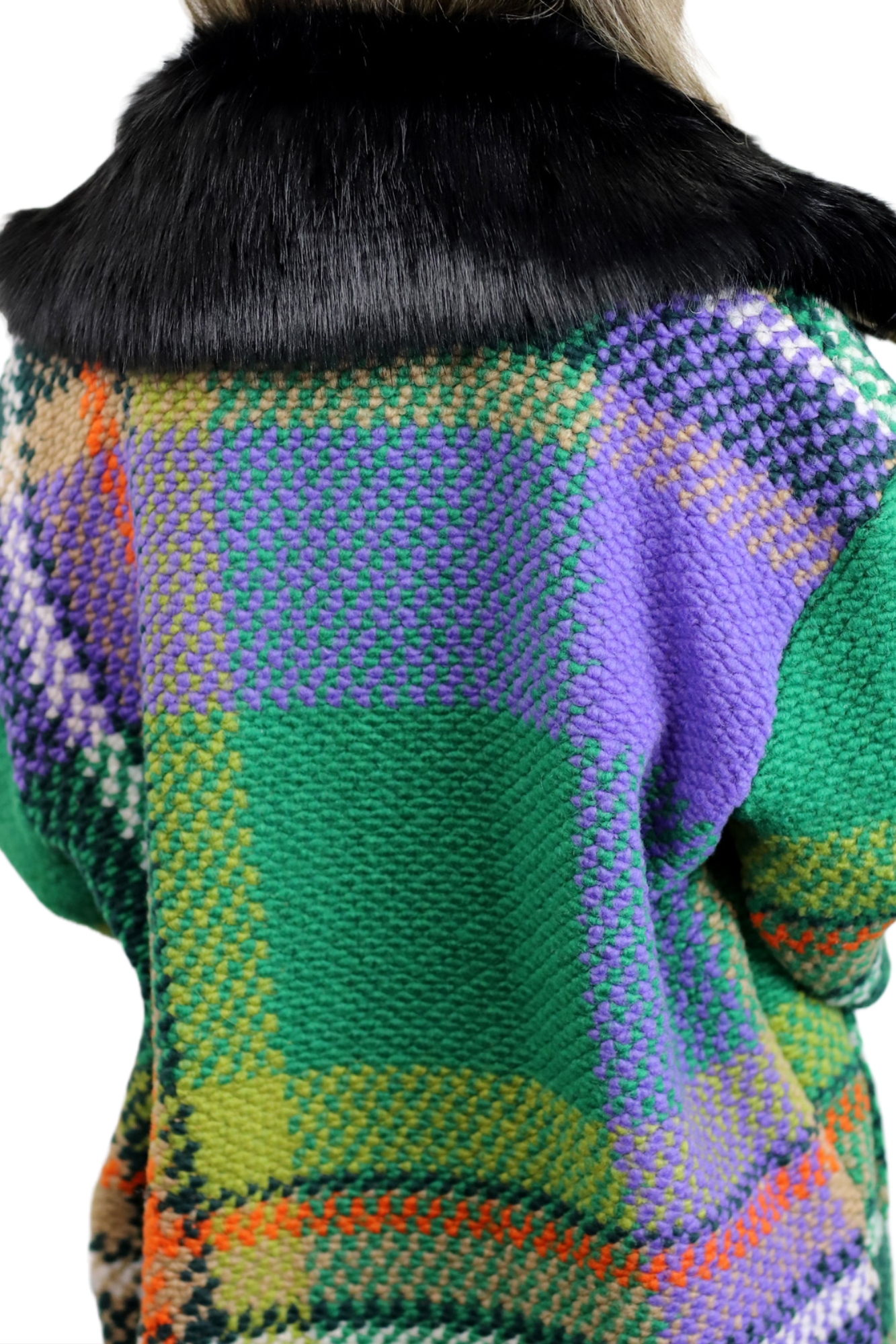 La Fiorentina Mid Length Plaid Wool Coat w/ Faux Fur Trim- Green/Black - Faux Fur Jacket - La Fiorentina FL1826-GRNBLK-SM