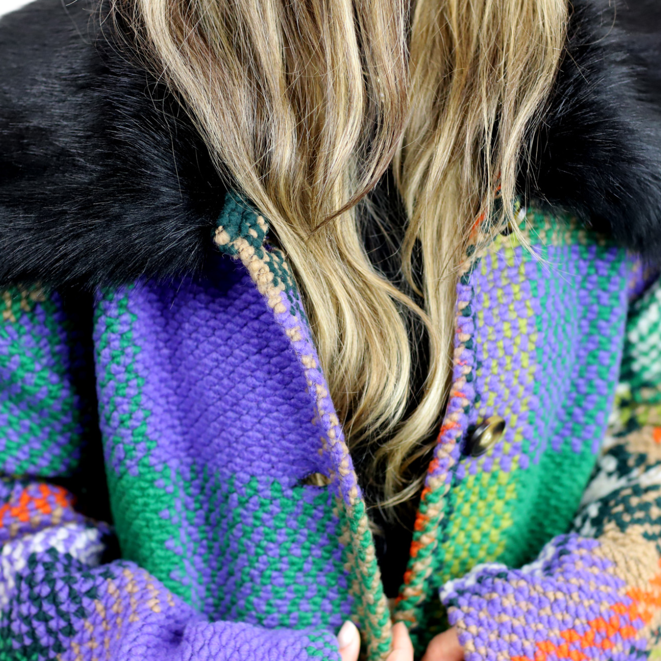 La Fiorentina Mid Length Plaid Wool Coat w/ Faux Fur Trim- Green/Black - Faux Fur Jacket - La Fiorentina FL1826-GRNBLK-SM