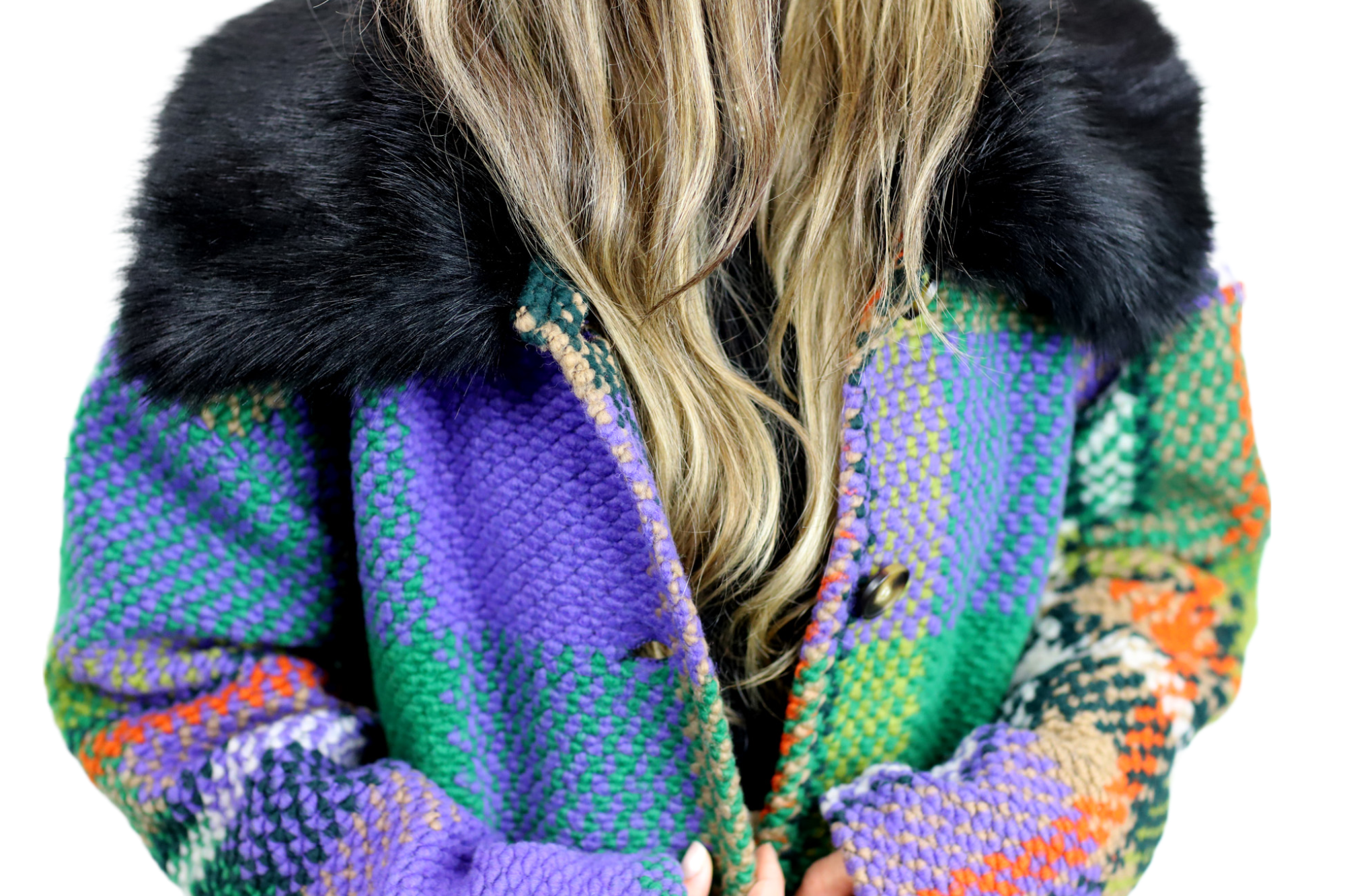 La Fiorentina Mid Length Plaid Wool Coat w/ Faux Fur Trim- Green/Black - Faux Fur Jacket - La Fiorentina FL1826-GRNBLK-SM