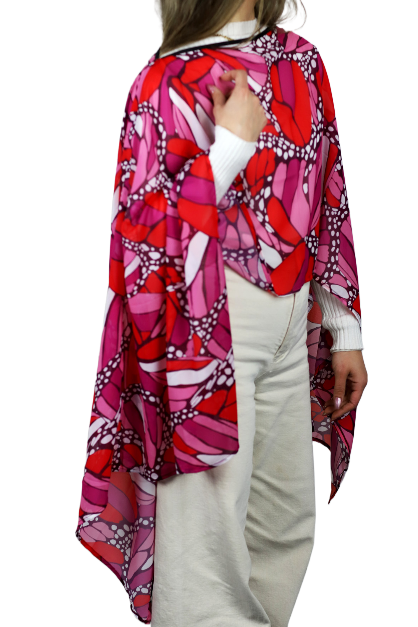 La Fiorentina Butterfly Wings Print Poncho - 100% Polyester - Fuchsia - Spring Poncho - La Fiorentina PS1332-22F