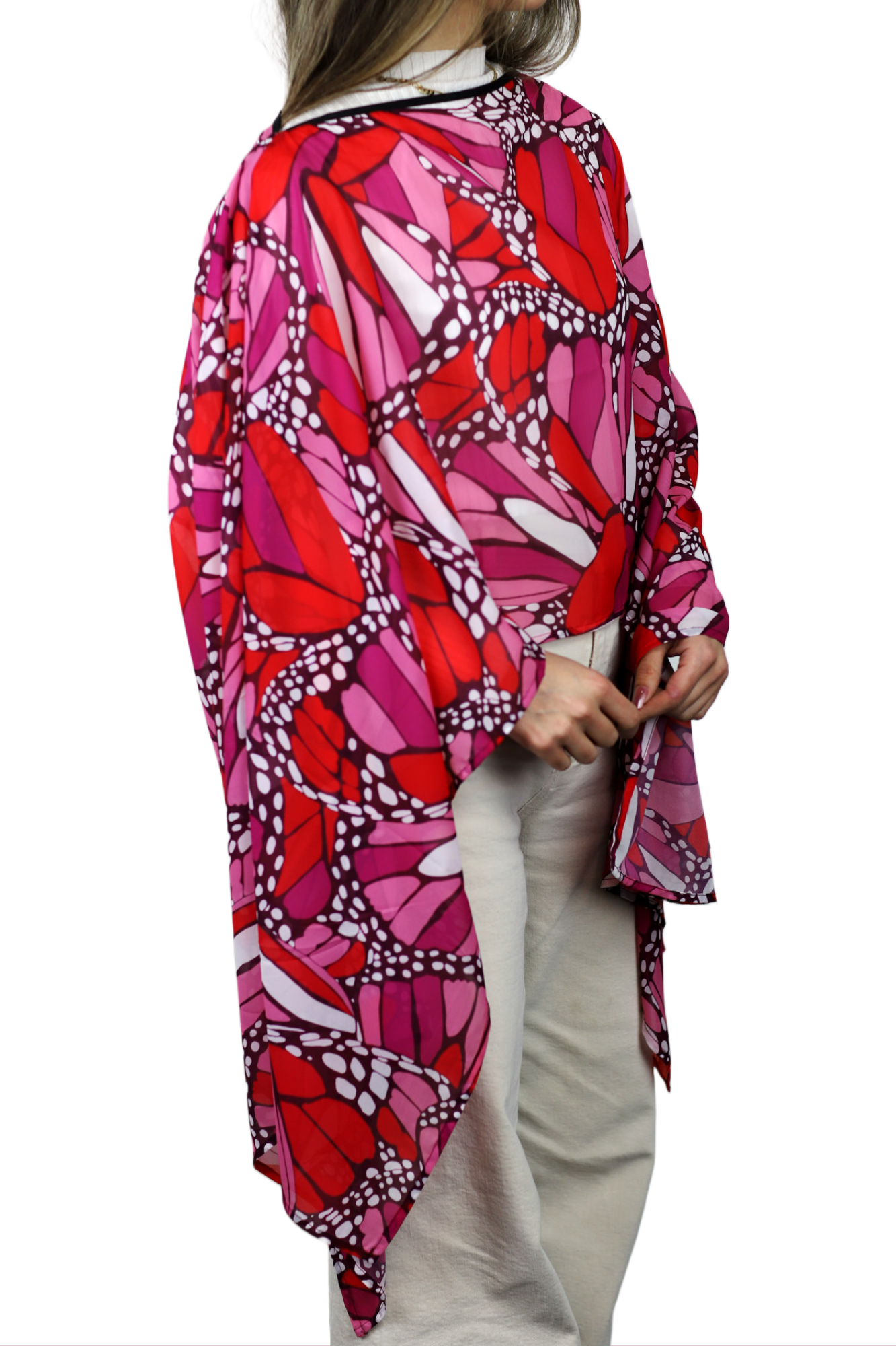La Fiorentina Butterfly Wings Print Poncho - 100% Polyester - Fuchsia - Spring Poncho - La Fiorentina PS1332-22F