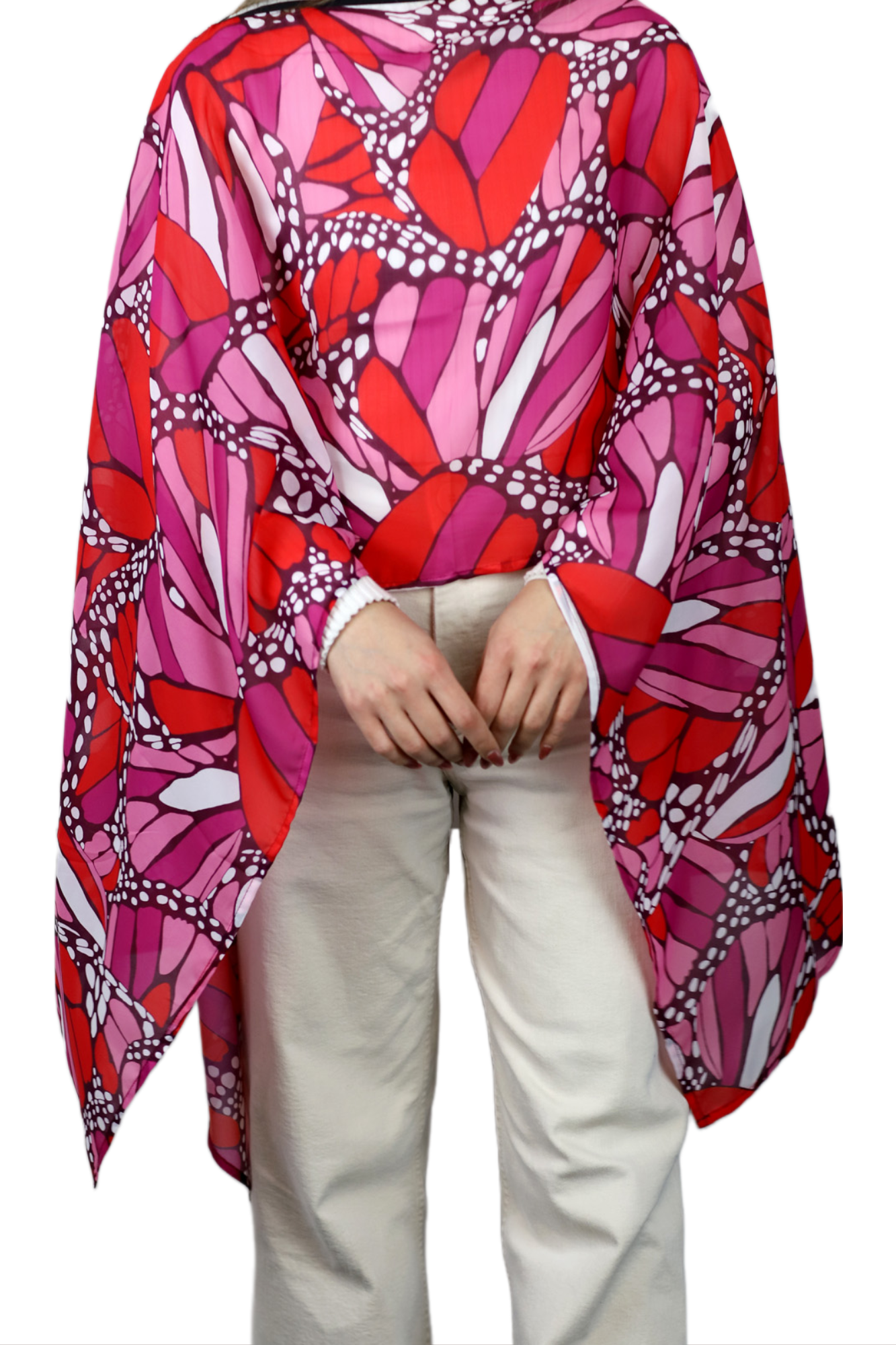 La Fiorentina Butterfly Wings Print Poncho - 100% Polyester - Fuchsia - Spring Poncho - La Fiorentina PS1332-22F