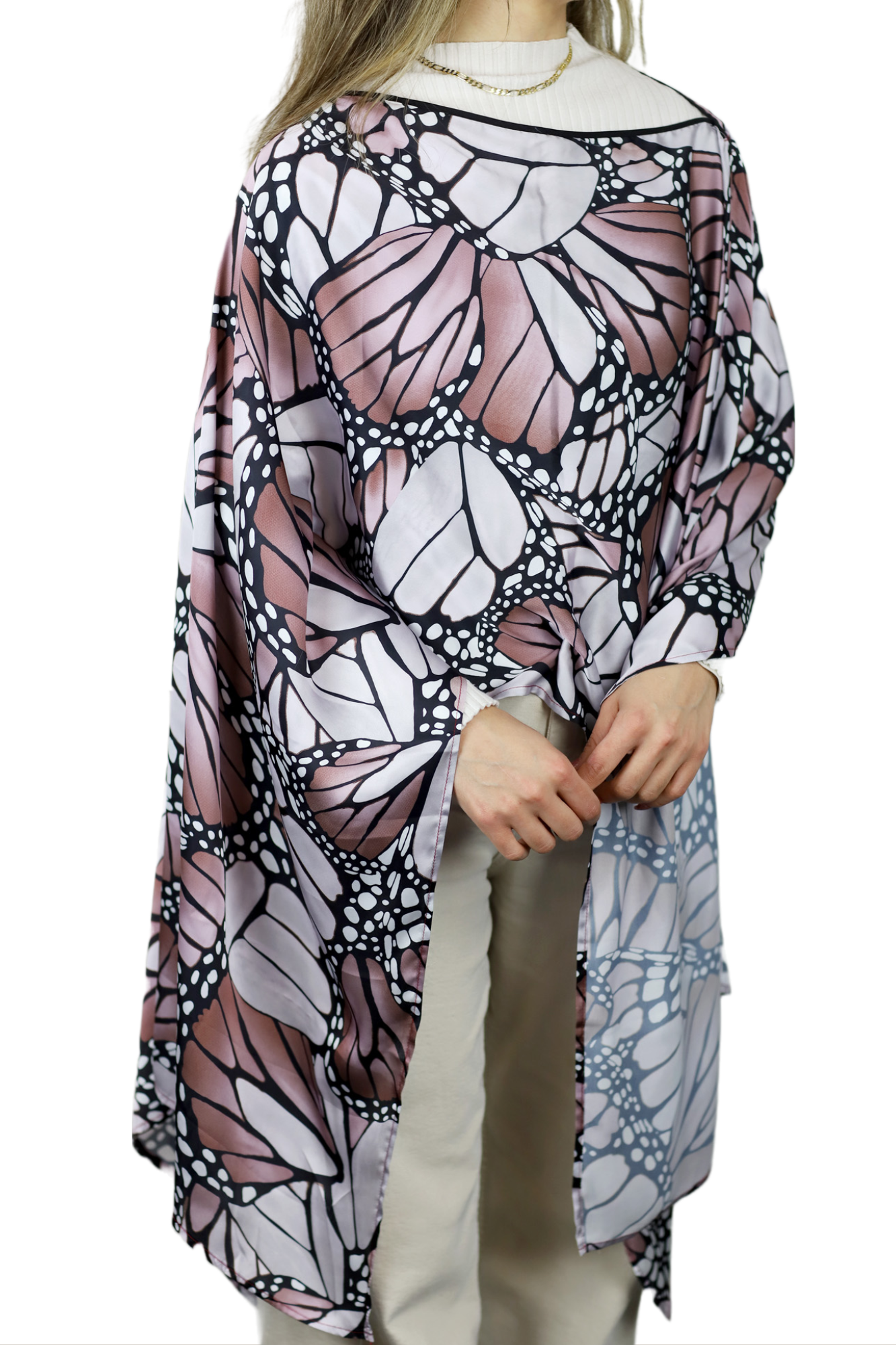 La Fiorentina Butterfly Wings Print Poncho - 100% Polyester - Grey - Spring Poncho - La Fiorentina PS1332-22F