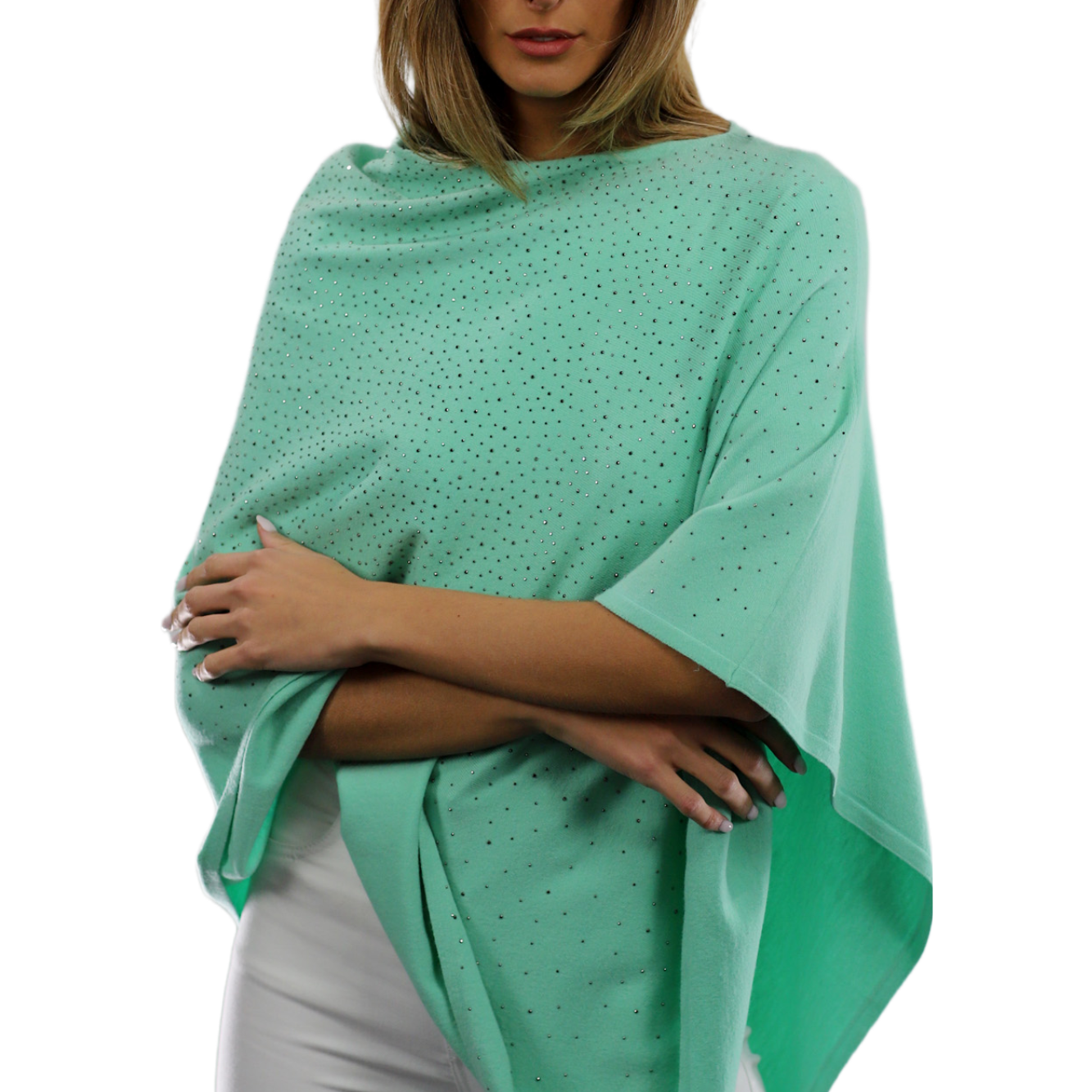 Light Weight Poncho with Embellishments - Green - Poncho - La Fiorentina BE13