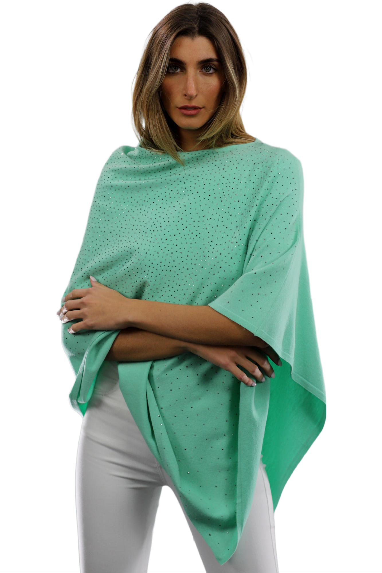 Light Weight Poncho with Embellishments - Green - Poncho - La Fiorentina BE13