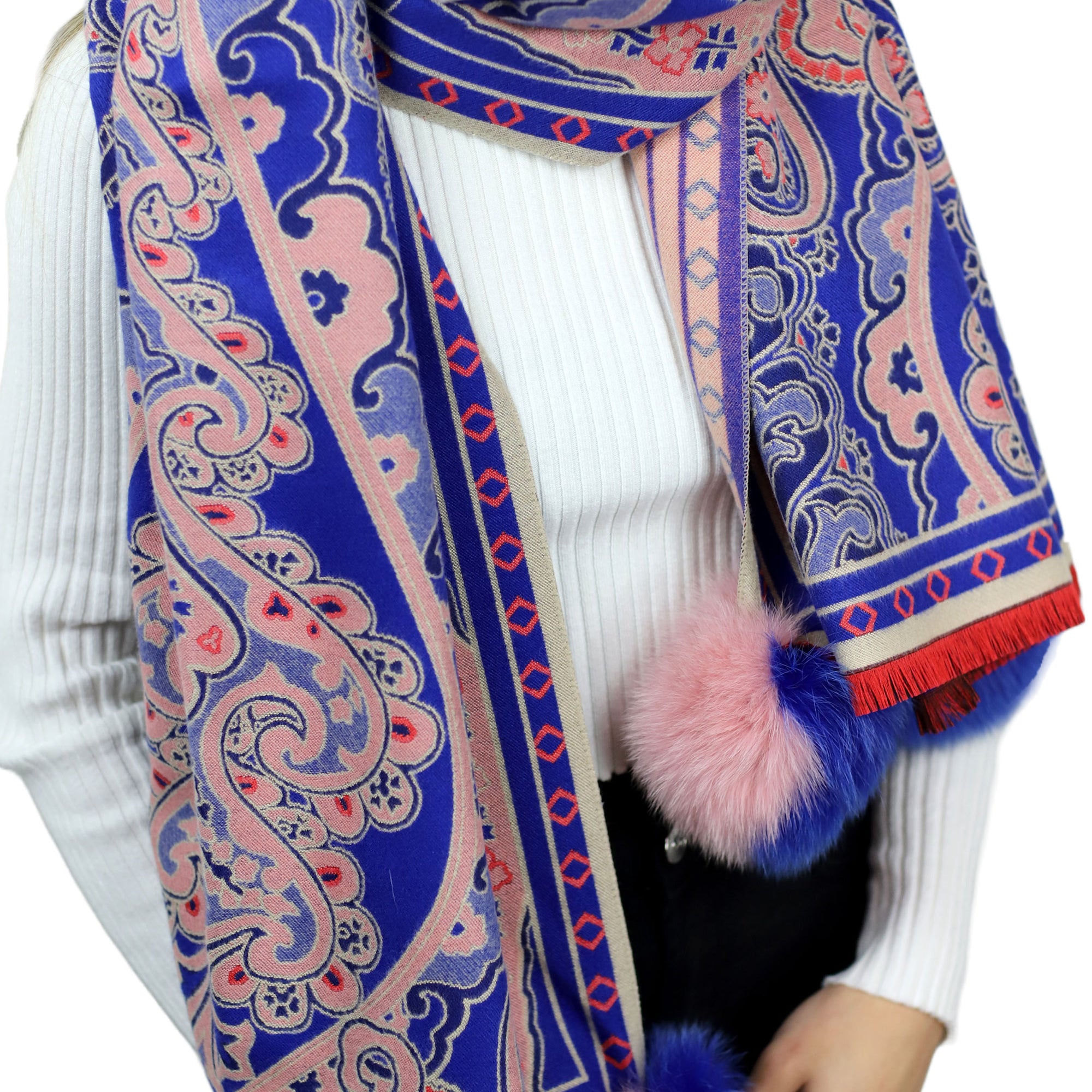 Paisley Print Wrap with Fox Poms - Blue & Pink - Fur Wrap - La Fiorentina TINA59-2304-BLUEPINK