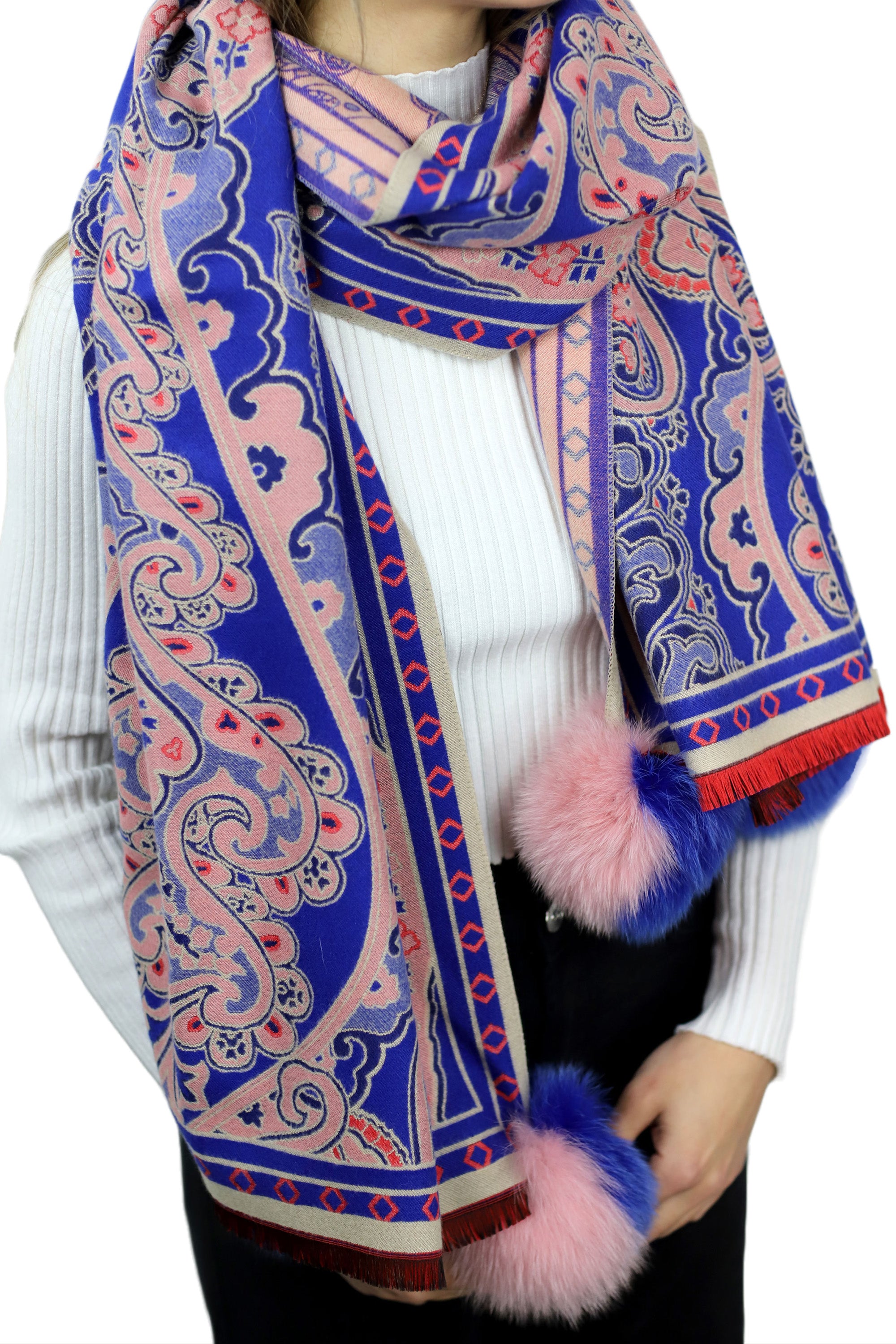 Paisley Print Wrap with Fox Poms - Blue & Pink - Fur Wrap - La Fiorentina TINA59-2304-BLUEPINK