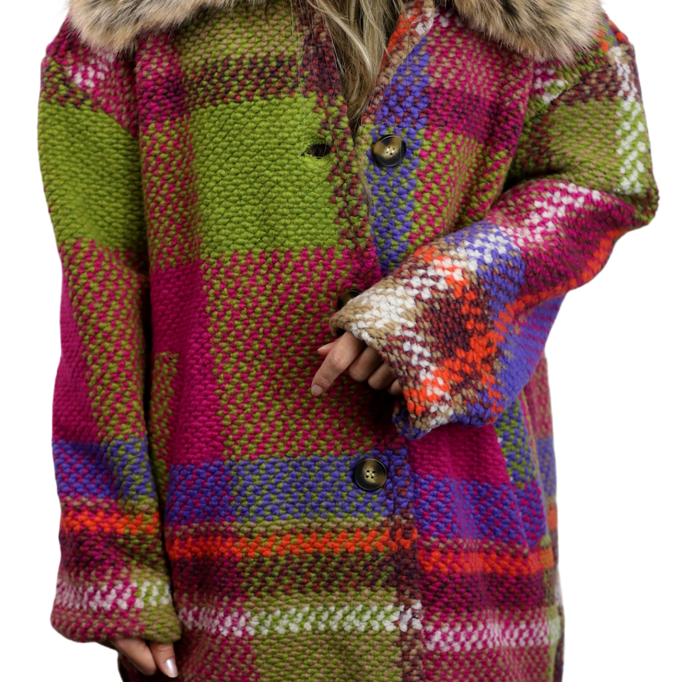 La Fiorentina Mid Length Plaid Wool Coat w/ Faux Fur Trim- Fuchsia/Camel - Faux Fur Jacket - La Fiorentina FL1826-FUCHCAM-SM