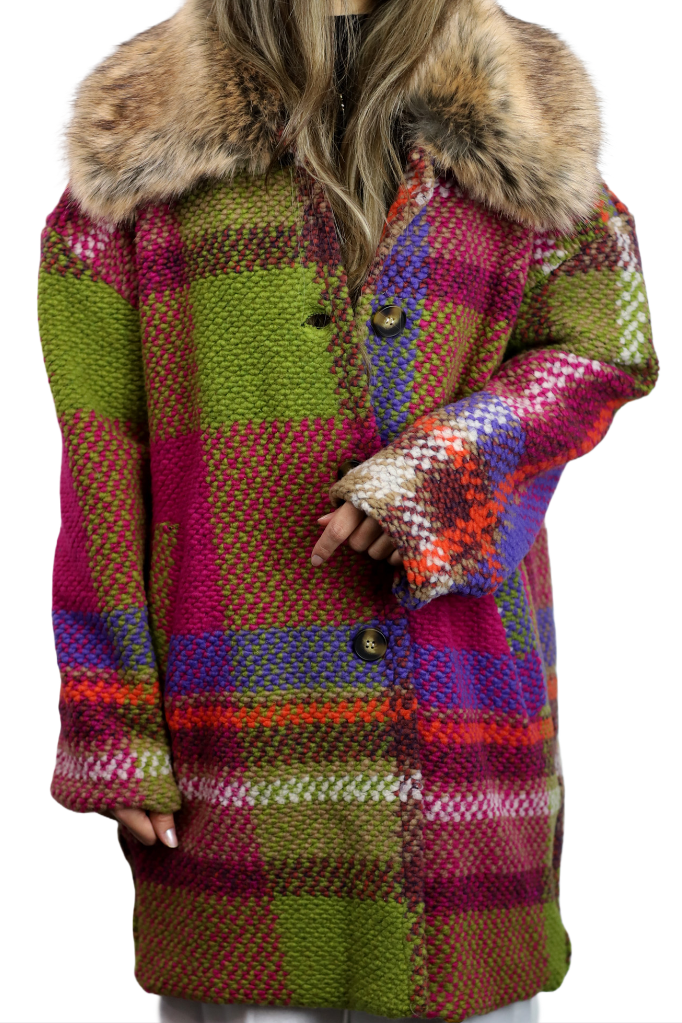 La Fiorentina Mid Length Plaid Wool Coat w/ Faux Fur Trim- Fuchsia/Camel - Faux Fur Jacket - La Fiorentina FL1826-FUCHCAM-SM