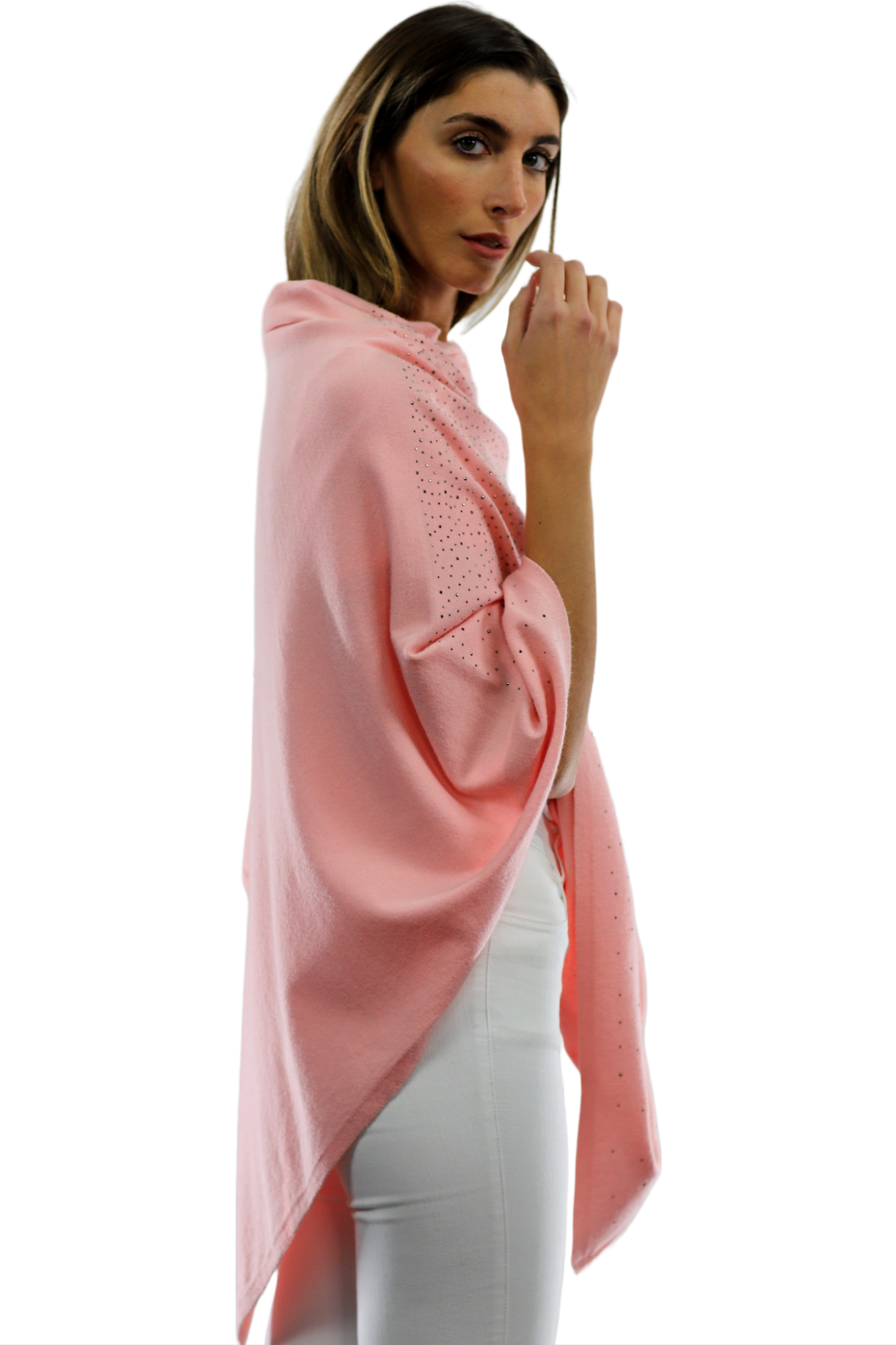 Light Weight Poncho with Embellishments - Pink - Poncho - La Fiorentina BE13
