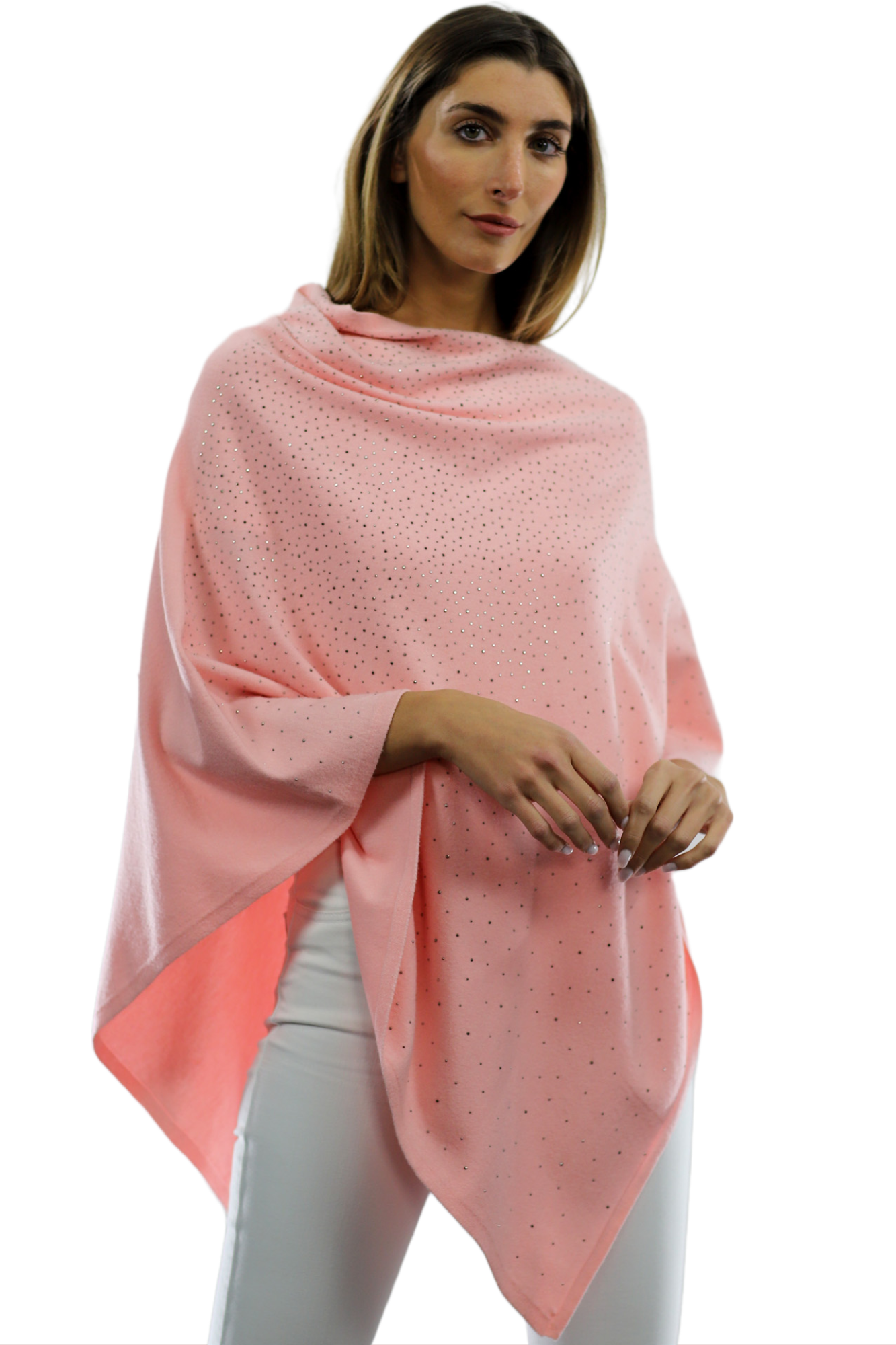 Light Weight Poncho with Embellishments - Pink - Poncho - La Fiorentina BE13
