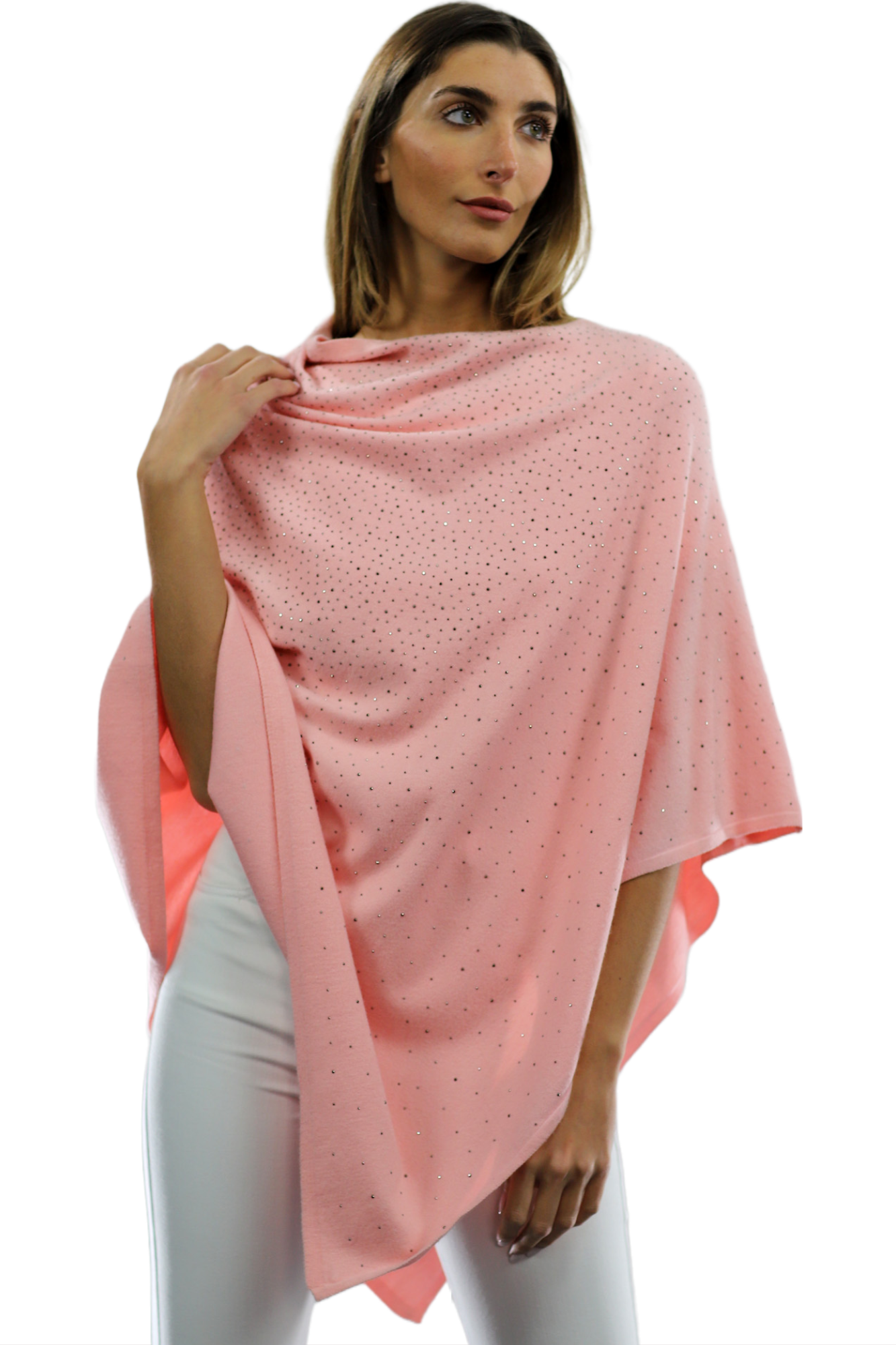 Light Weight Poncho with Embellishments - Pink - Poncho - La Fiorentina BE13