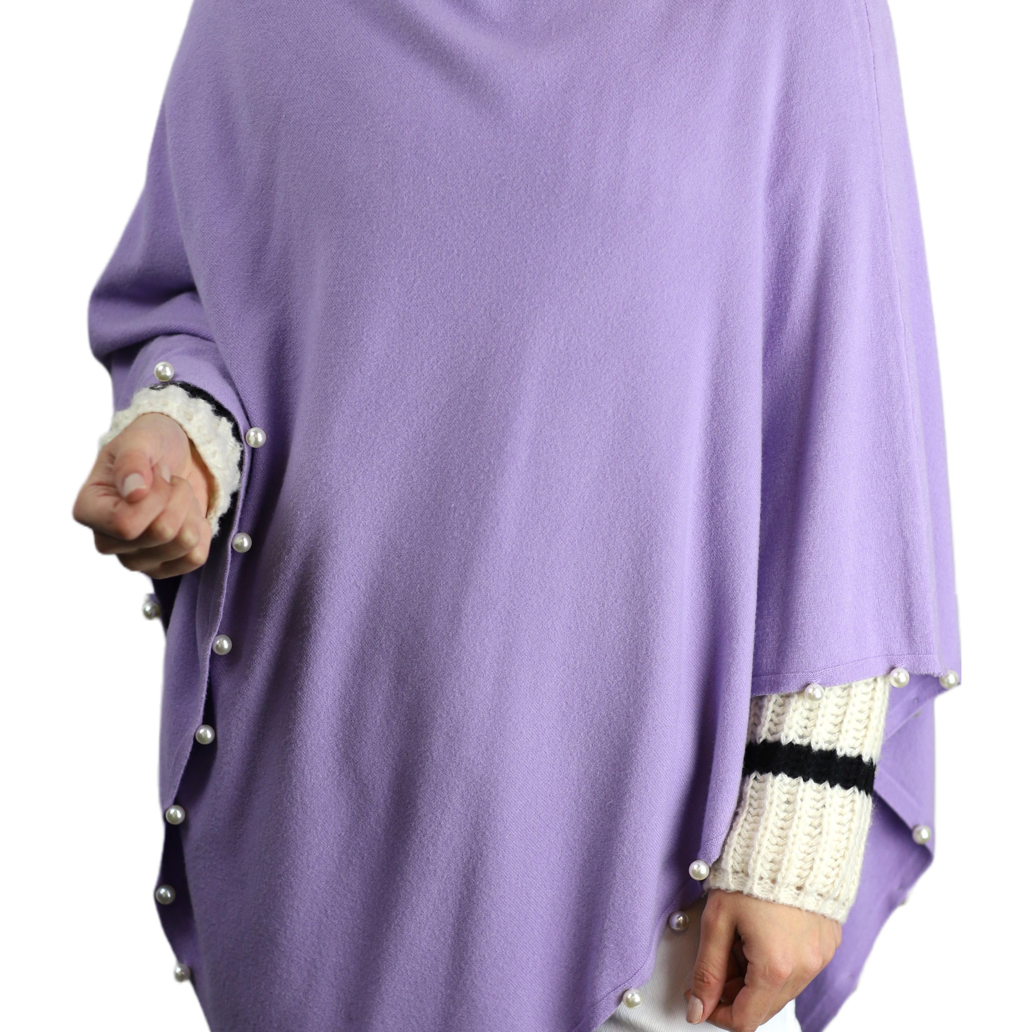 Lightweight Knitted Poncho with Pearl Trim Border - Poncho - La Fiorentina,Purple BE234_PEACOCKBLUE