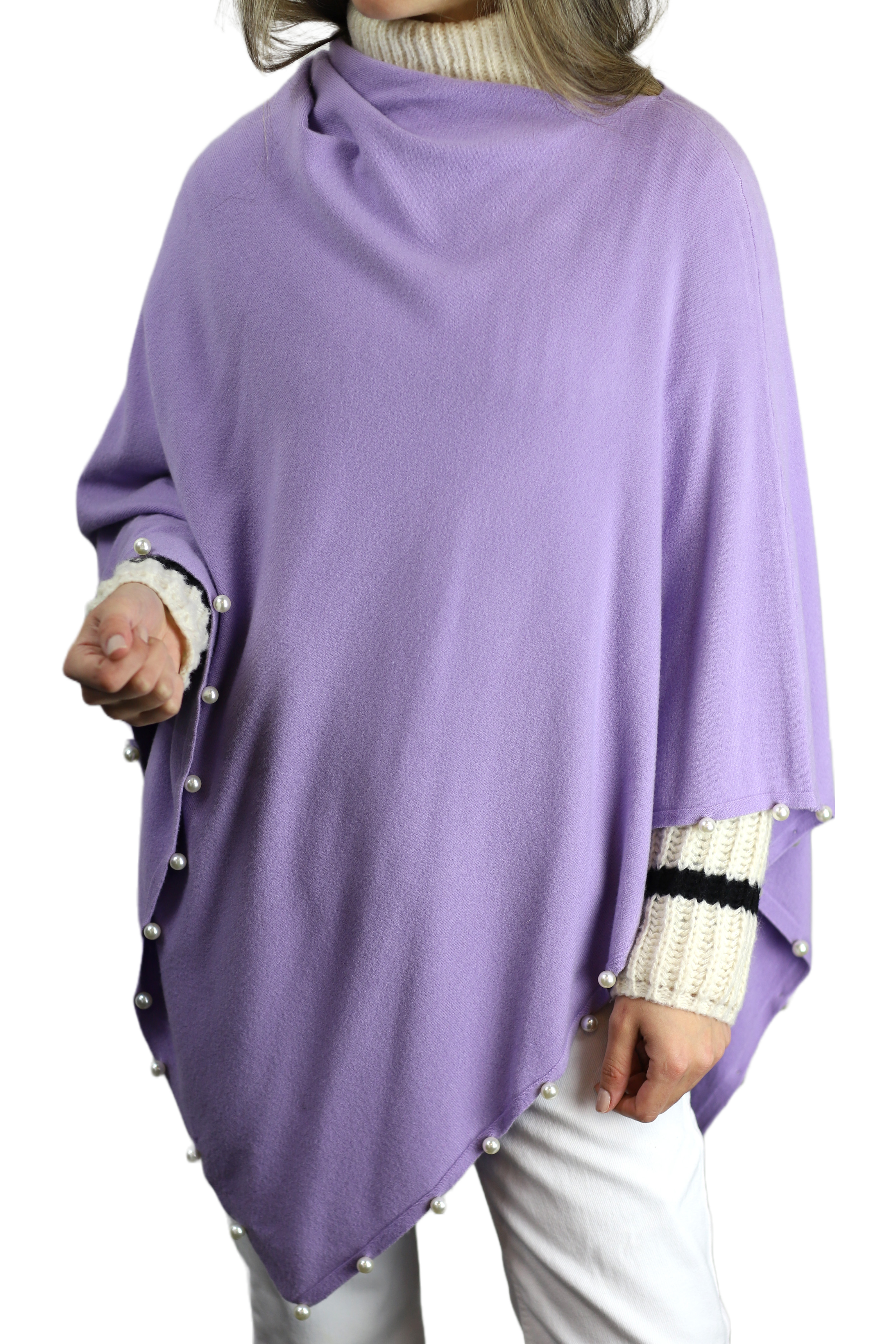 Lightweight Knitted Poncho with Pearl Trim Border - Poncho - La Fiorentina,Purple BE234_PEACOCKBLUE