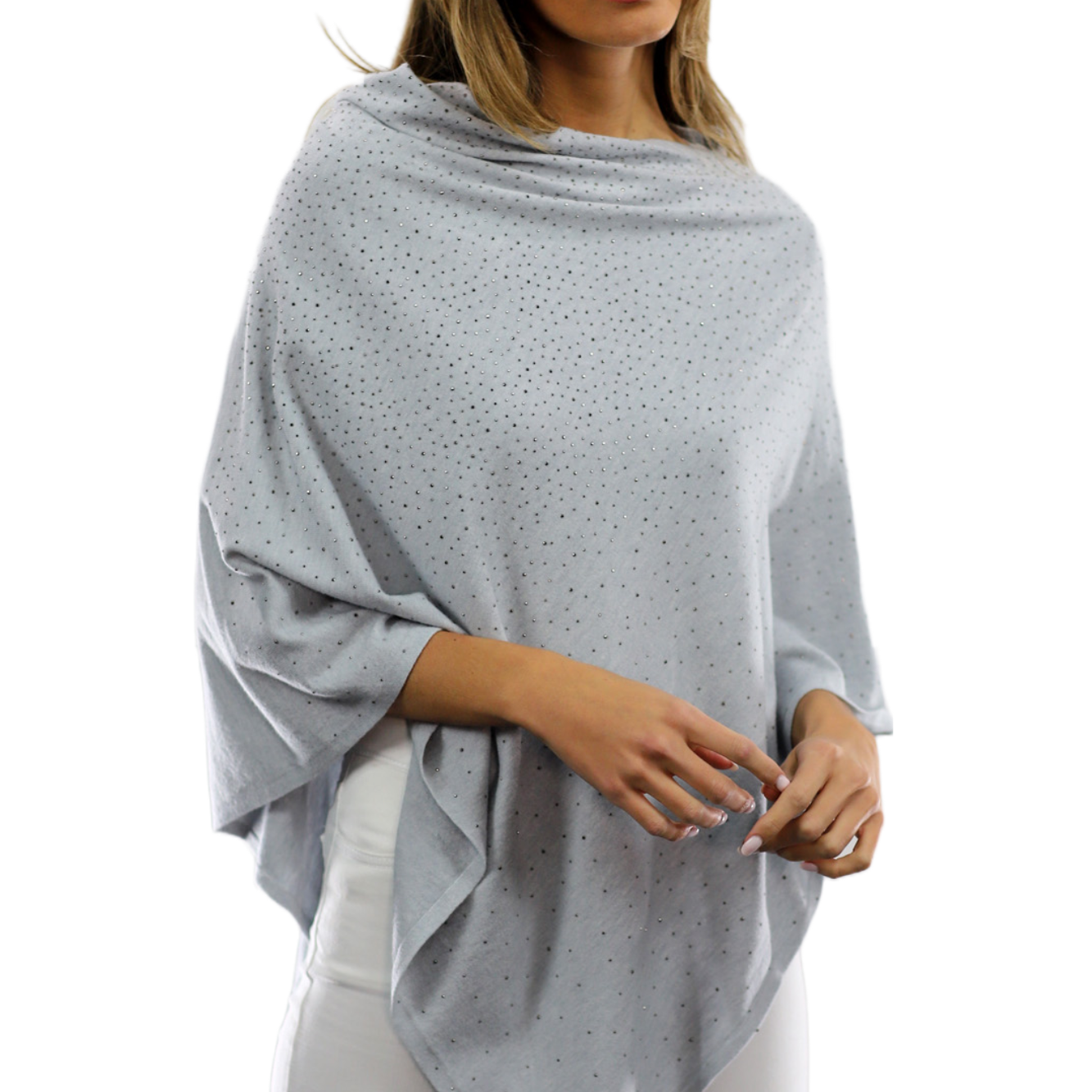Light Weight Poncho with Embellishments- Grey - Poncho - La Fiorentina BE13