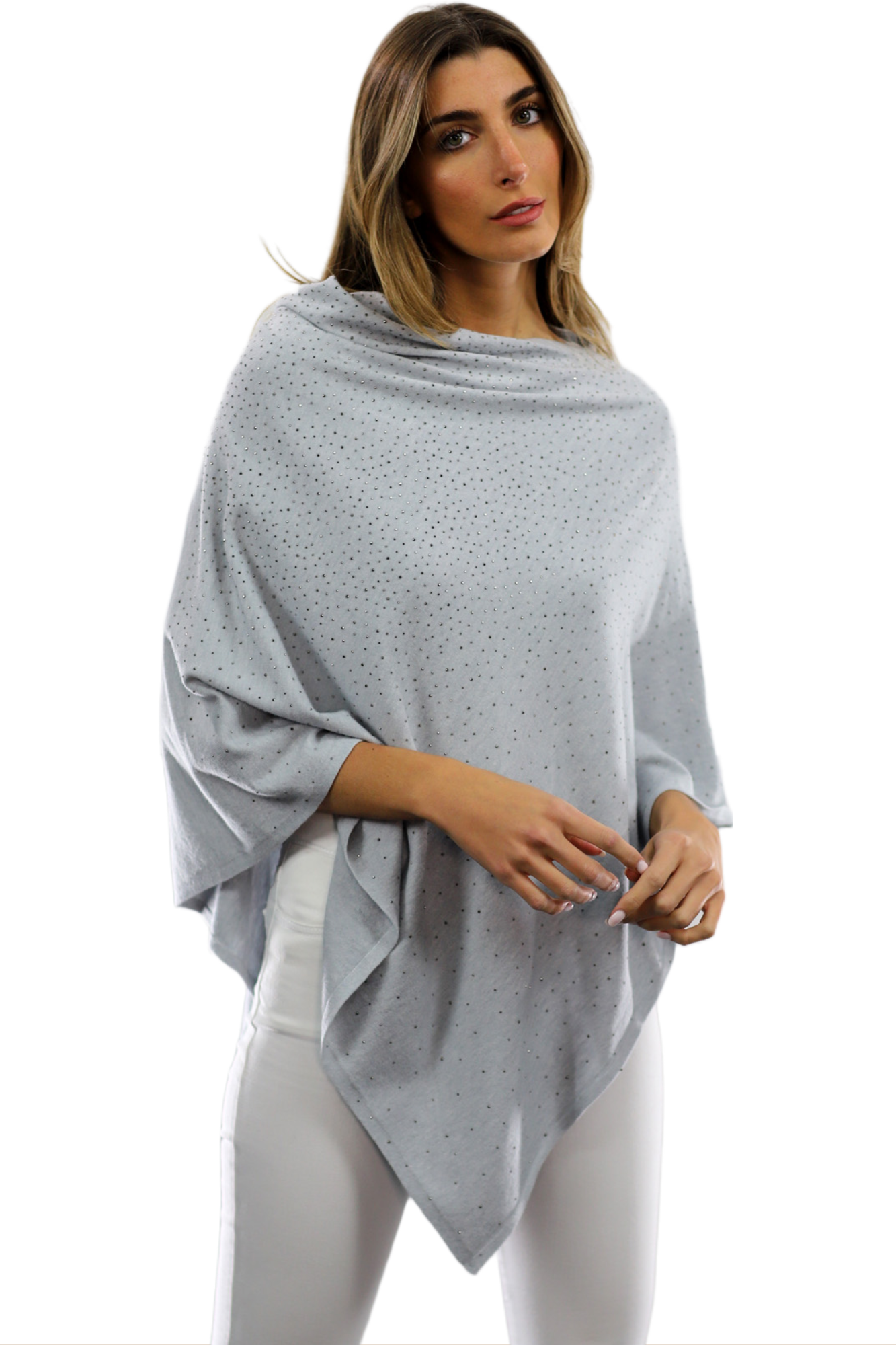 Light Weight Poncho with Embellishments- Grey - Poncho - La Fiorentina BE13