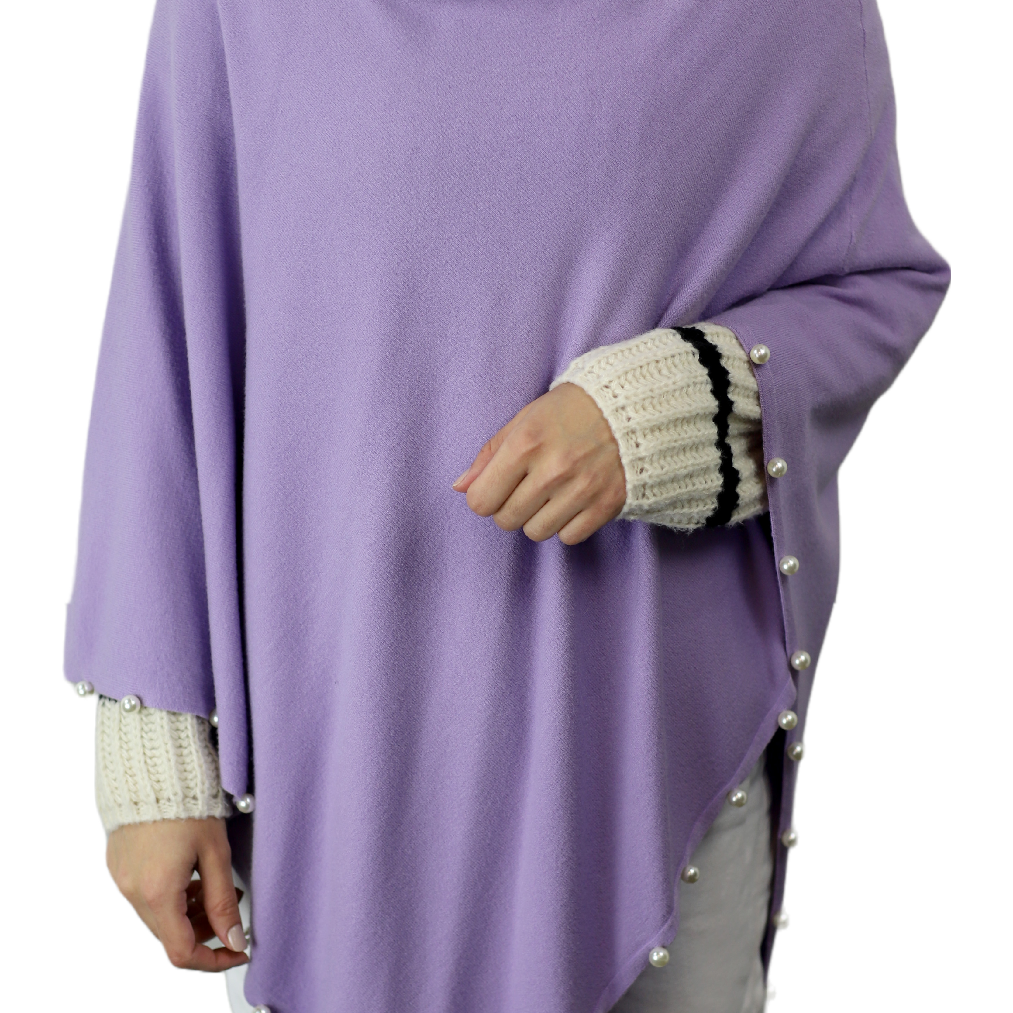 Lightweight Knitted Poncho with Pearl Trim Border - Poncho - La Fiorentina,Purple BE234_PEACOCKBLUE