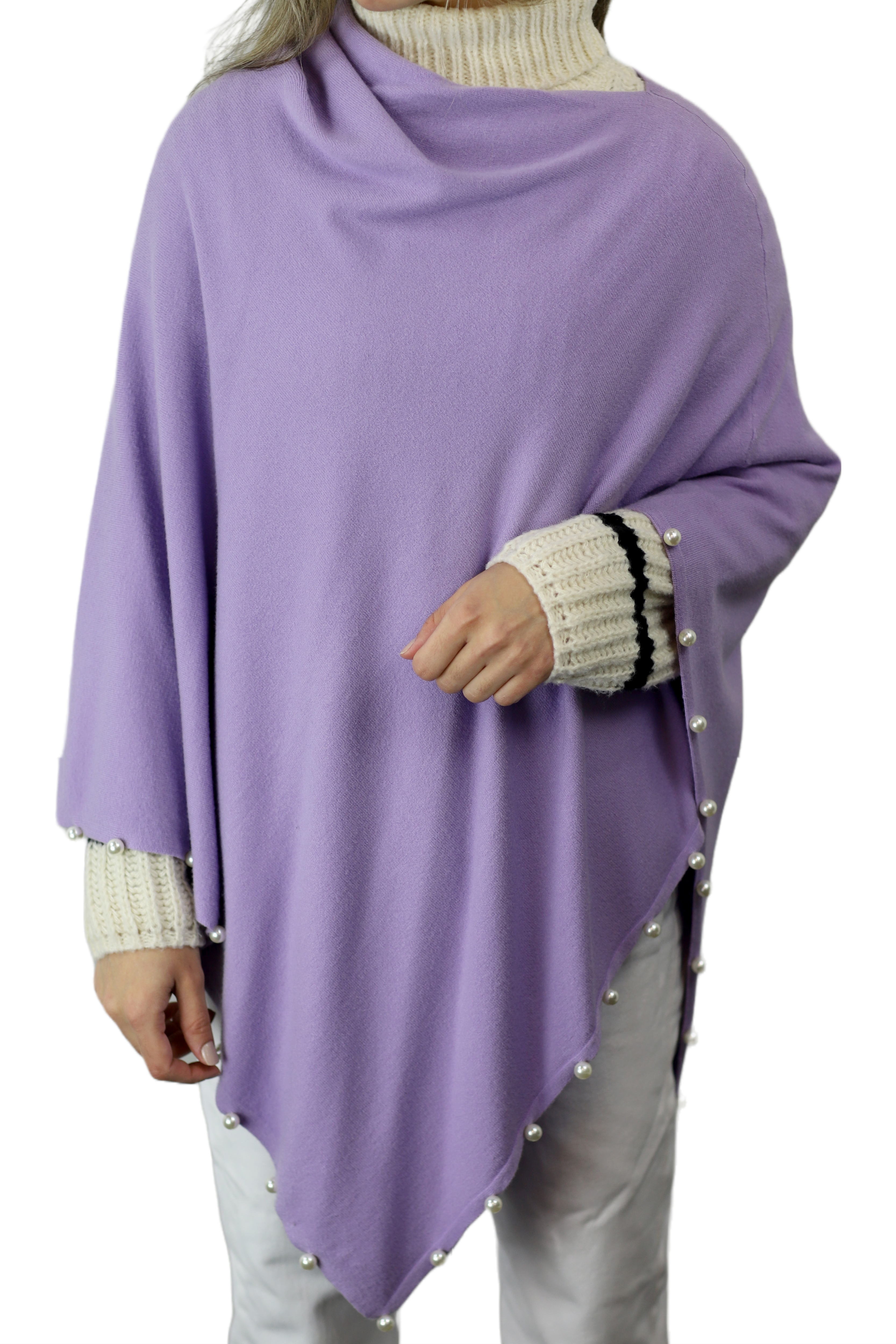 Lightweight Knitted Poncho with Pearl Trim Border - Poncho - La Fiorentina,Purple BE234_PEACOCKBLUE