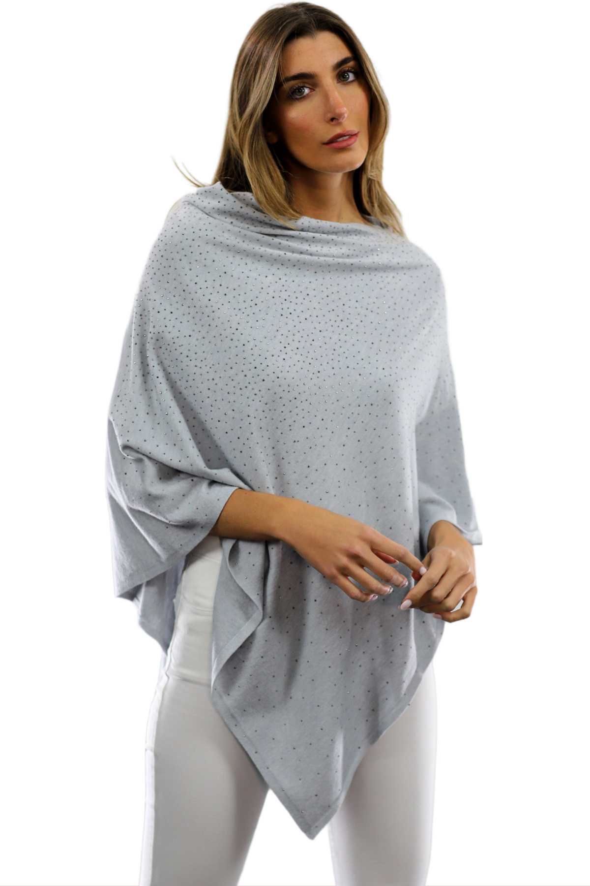 Light Weight Poncho with Embellishments- Grey |