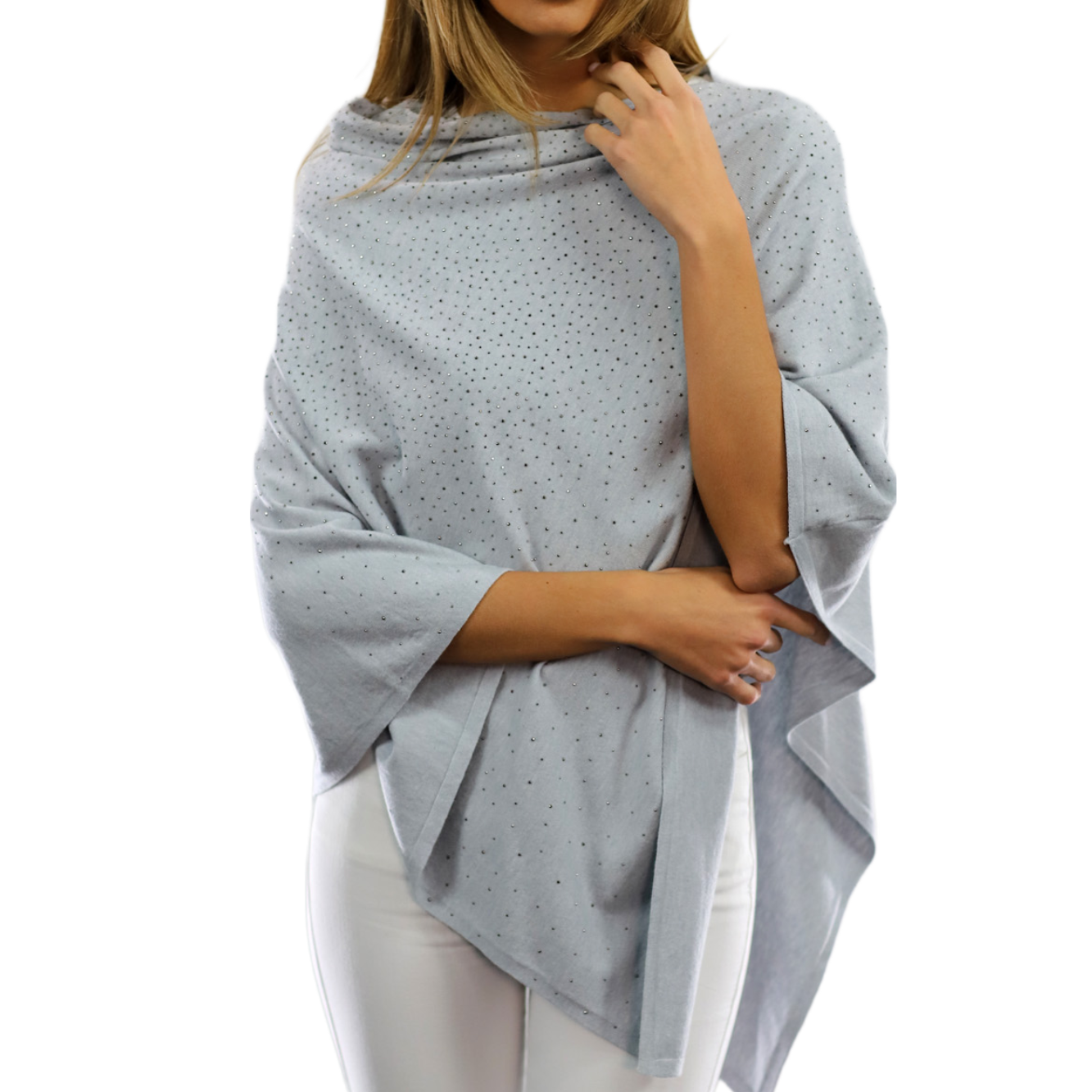 Light Weight Poncho with Embellishments- Grey - Poncho - La Fiorentina BE13