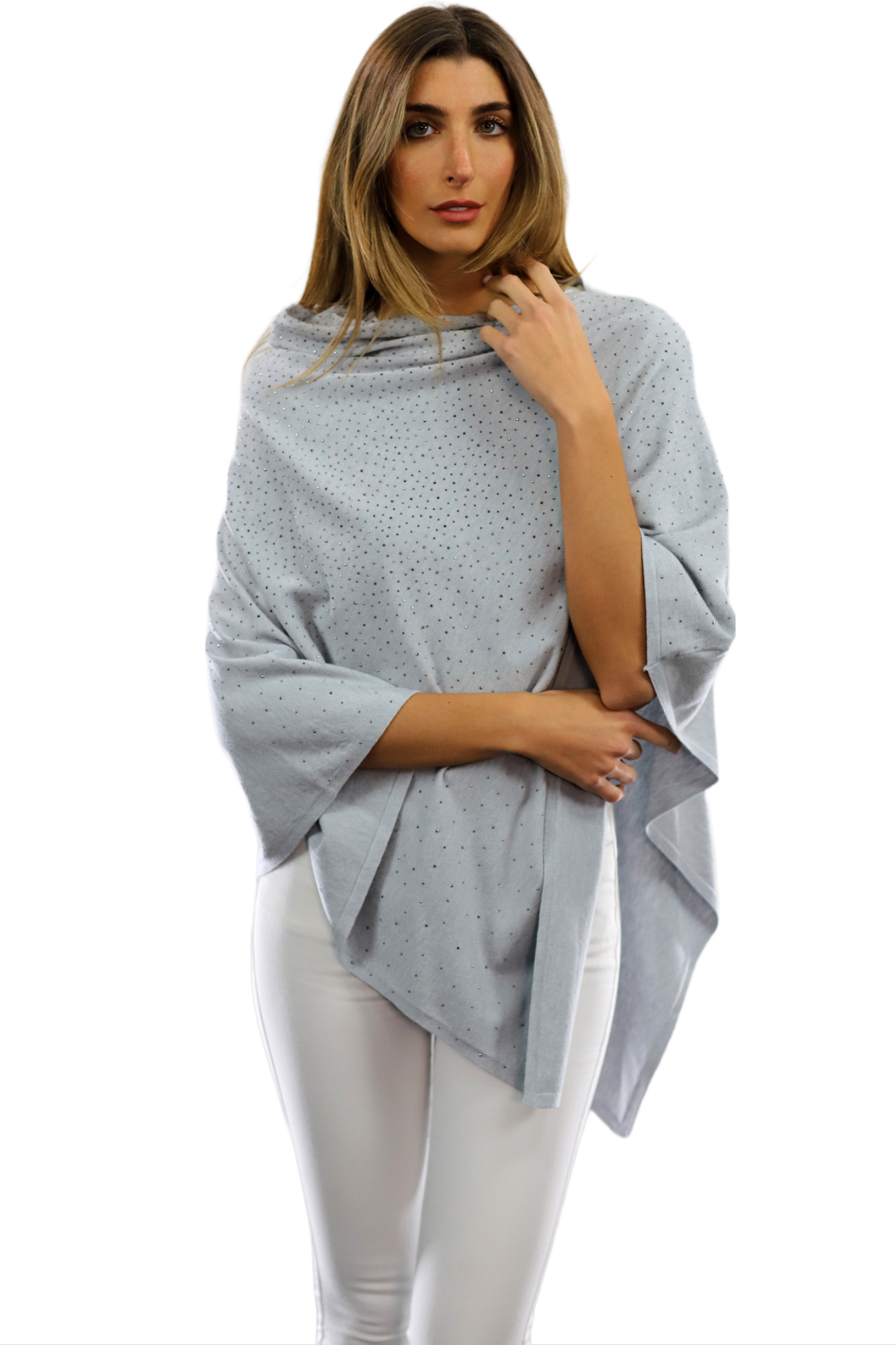 Light Weight Poncho with Embellishments- Grey - Poncho - La Fiorentina BE13