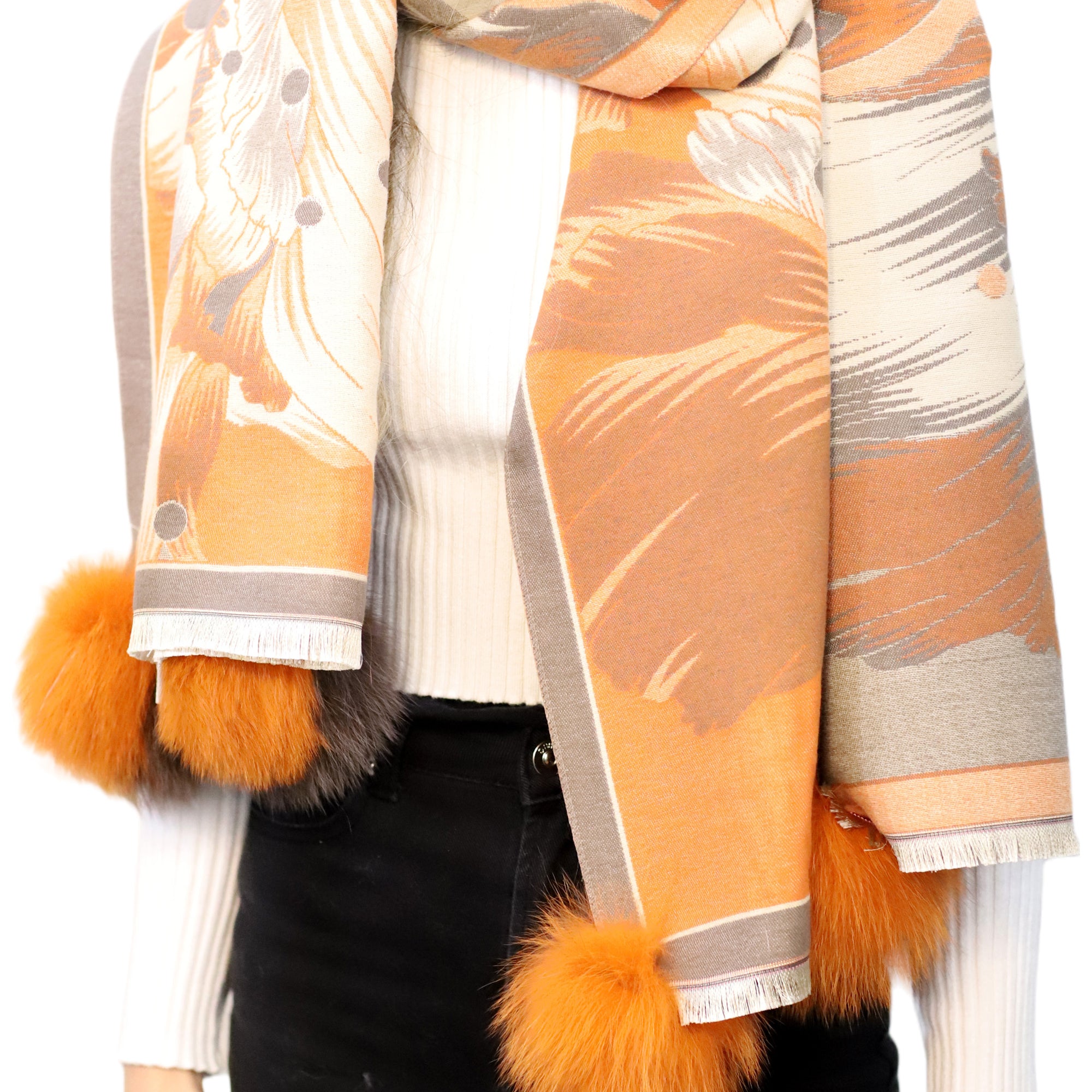 Oversized Floral Print Wrap with Fox Poms - Brown & Orange - Fur Wrap - La Fiorentina TINA59-2307-BROWNORANGE