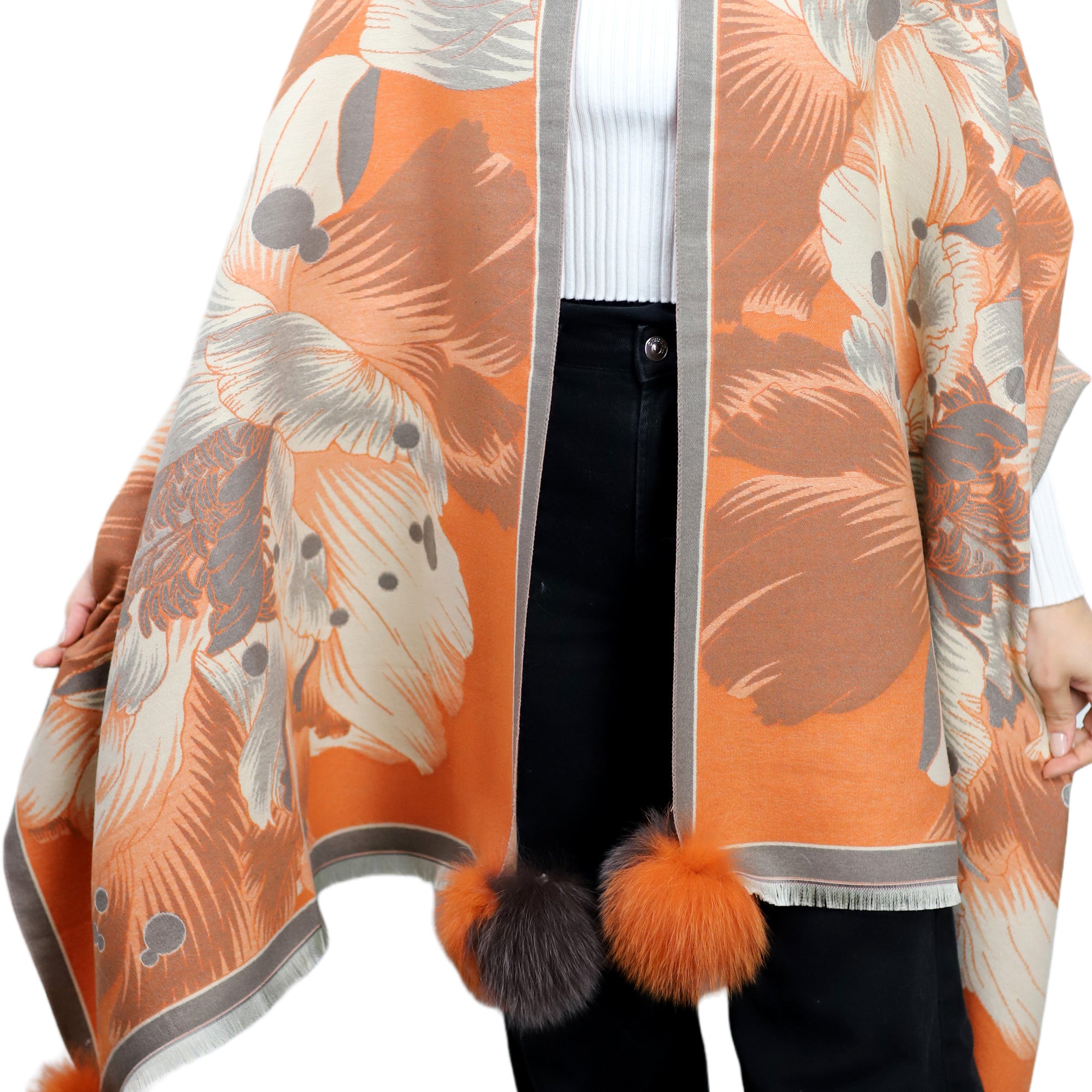 Oversized Floral Print Wrap with Fox Poms - Brown & Orange - Fur Wrap - La Fiorentina TINA59-2307-BROWNORANGE
