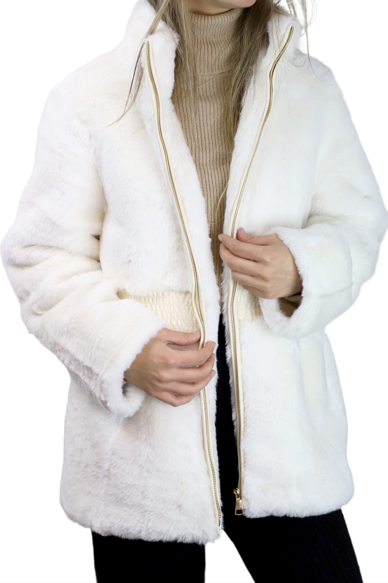 Plush Faux Fur Cinched Waist Jacket - Ivory – La Fiorentina