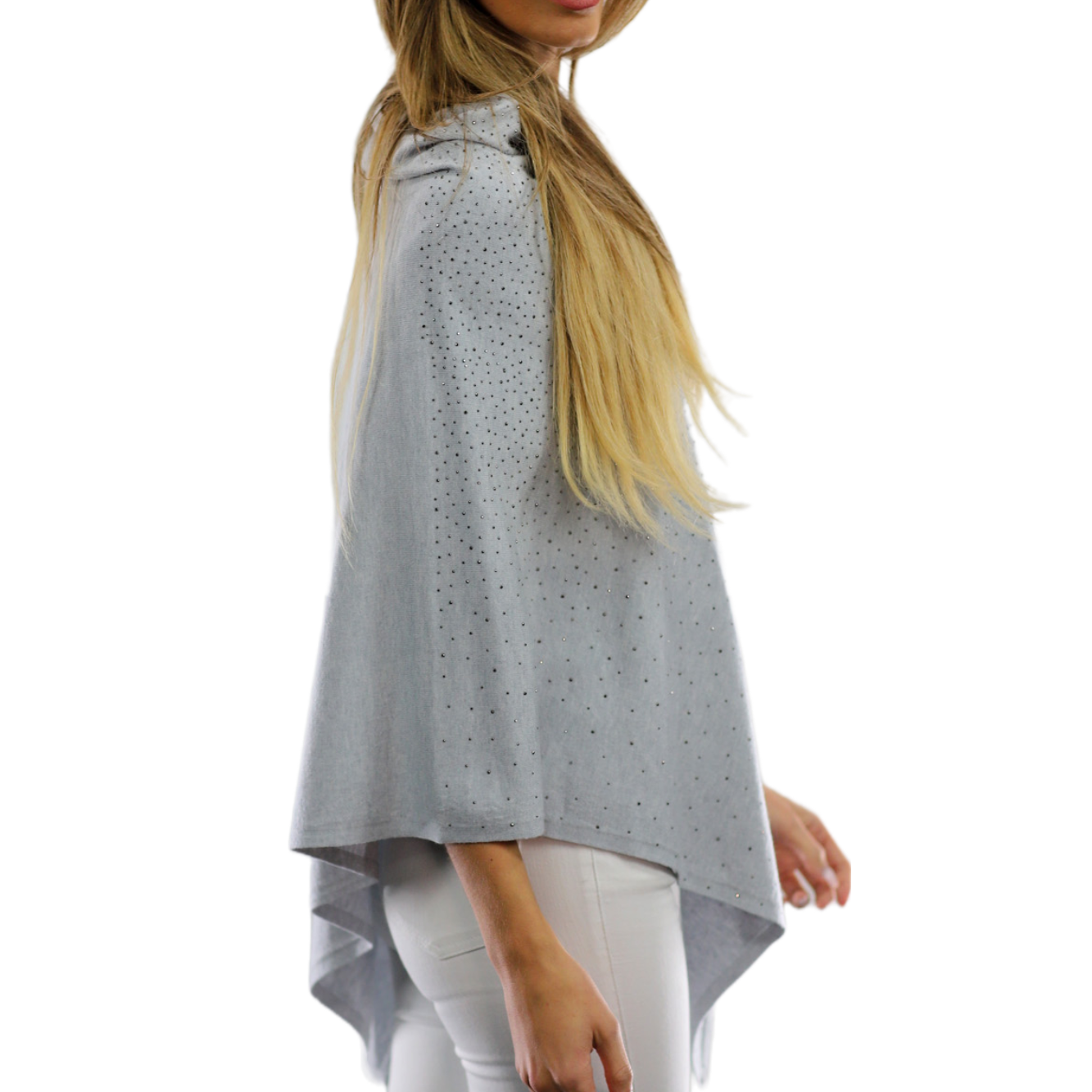 Light Weight Poncho with Embellishments- Grey - Poncho - La Fiorentina BE13