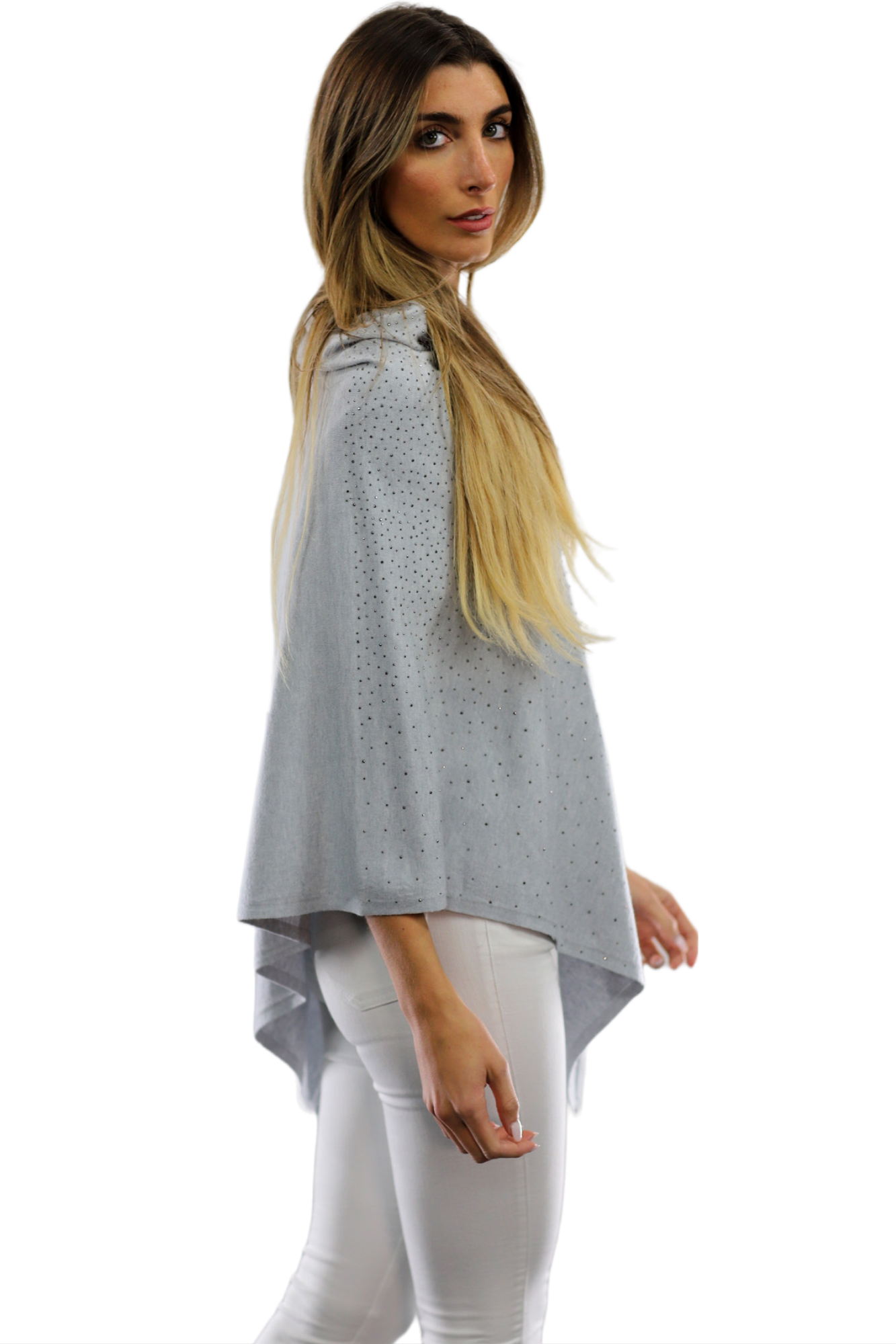 Light Weight Poncho with Embellishments- Grey - Poncho - La Fiorentina BE13