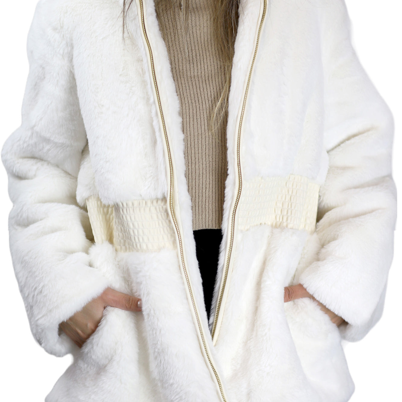 Plush Faux Fur Cinched Waist Jacket - Ivory - Outerwear - La Fiorentina CAM22119-IVORY-XL