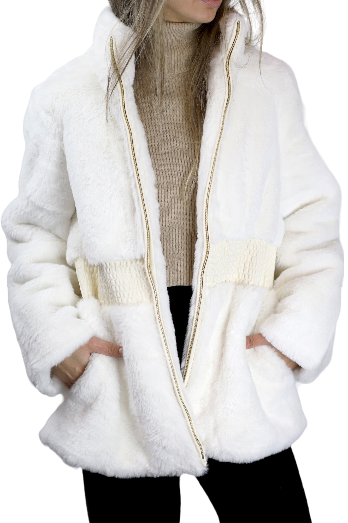 Plush Faux Fur Cinched Waist Jacket - Ivory - Outerwear - La Fiorentina CAM22119-IVORY-XL