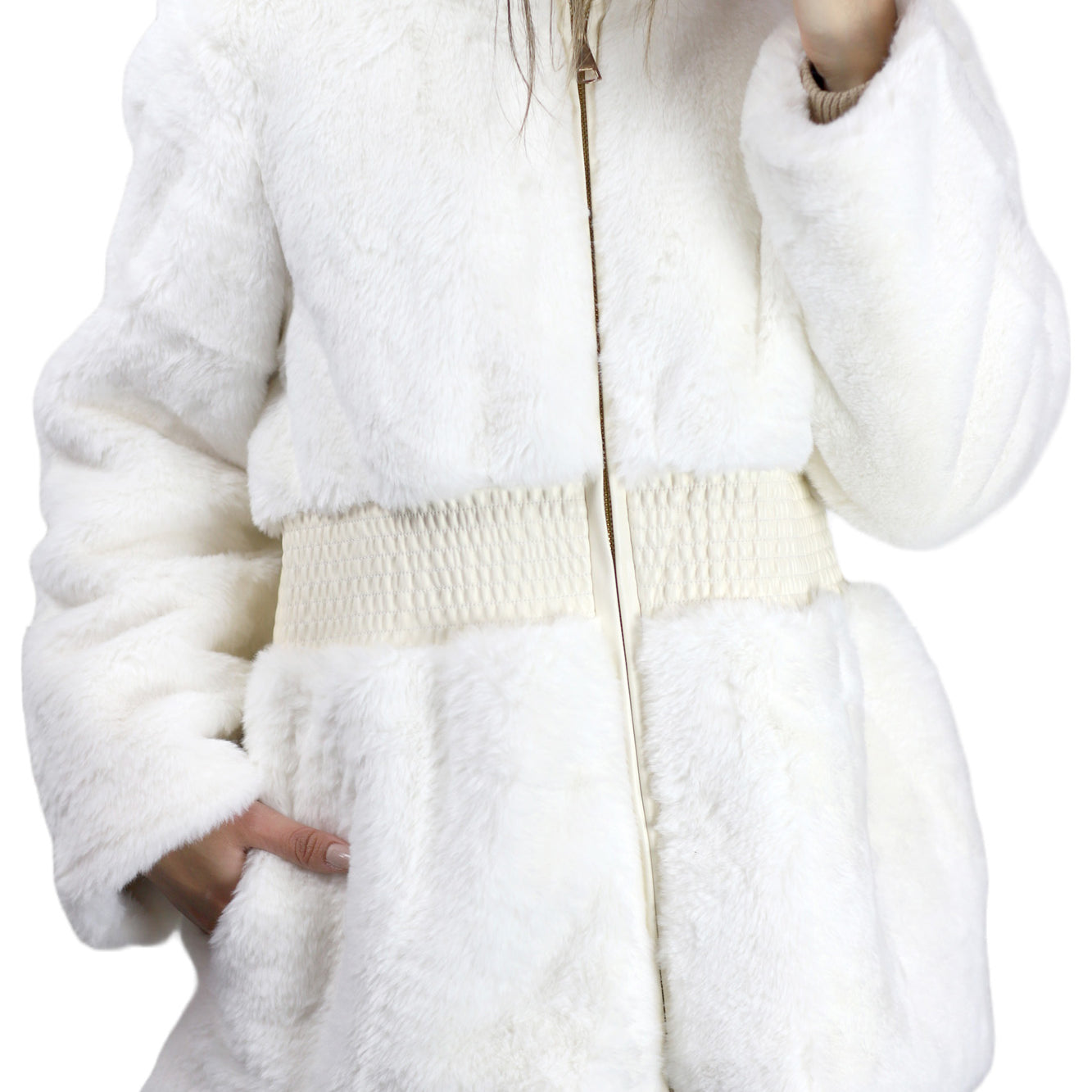 Plush Faux Fur Cinched Waist Jacket - Ivory - Outerwear - La Fiorentina CAM22119-IVORY-L