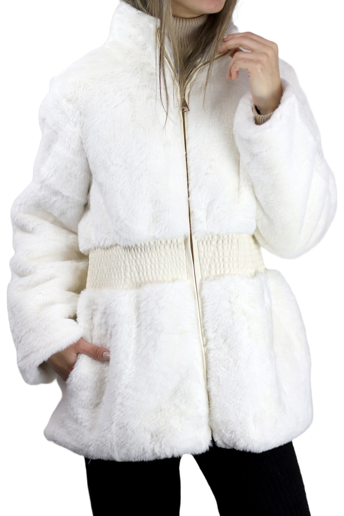 Plush Faux Fur Cinched Waist Jacket - Ivory - Outerwear - La Fiorentina CAM22119-IVORY-L