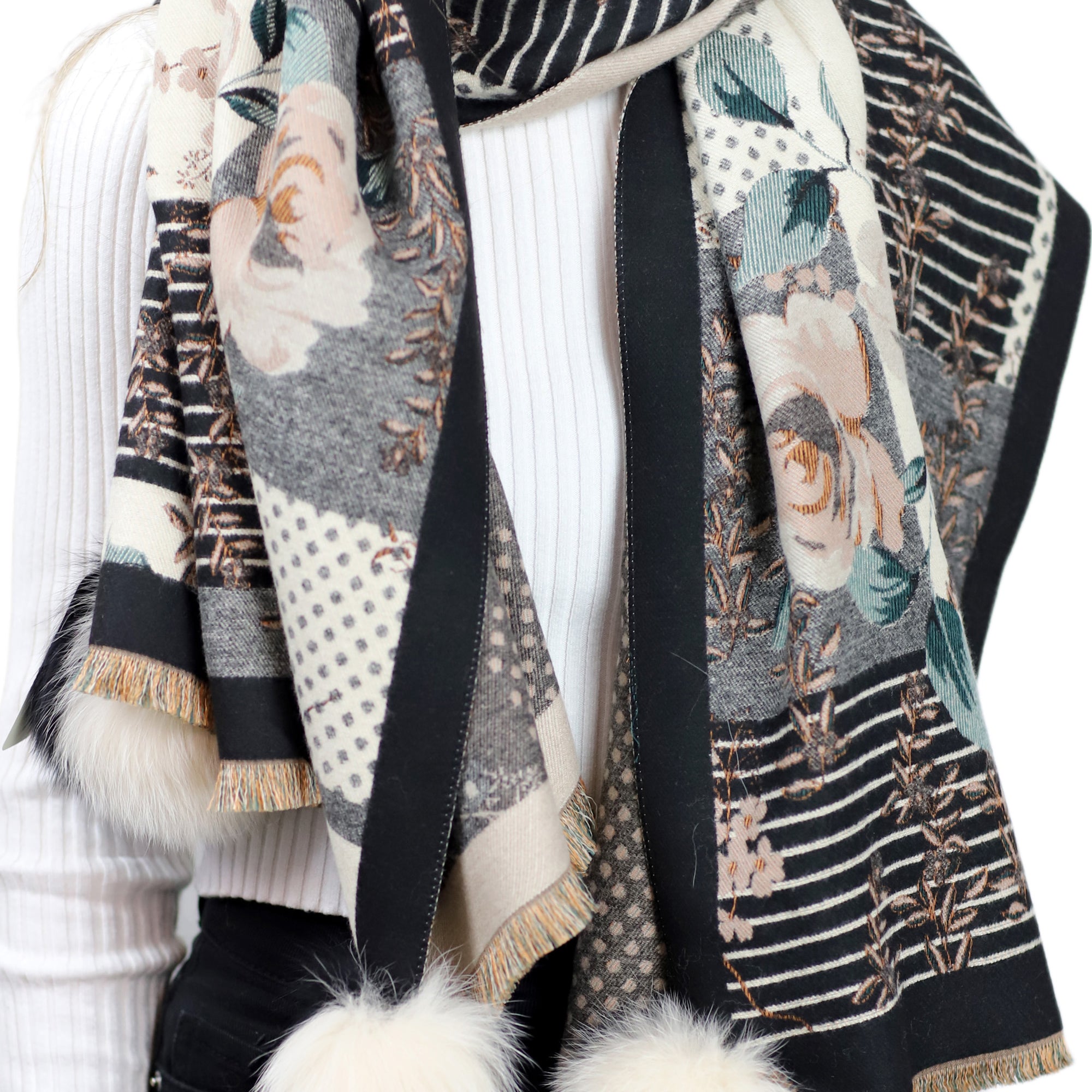 Abstract Floral Print Wrap with Fox Poms - Black & Beige - Fur Wrap - La Fiorentina TINA59-2305-BLACKBEIGE